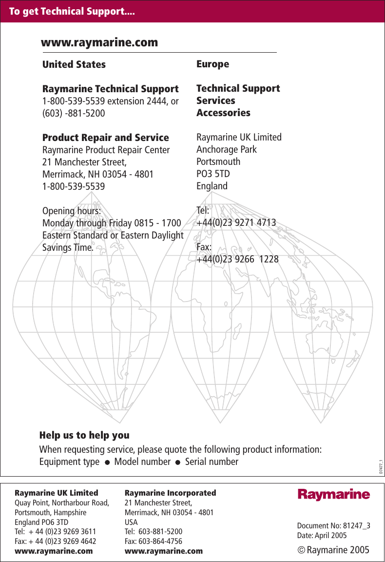 Page 8 of 8 - Raymarine Raymarine-Raystar-125-Handbook- 81247_3 Raymarine-raystar-125-handbook