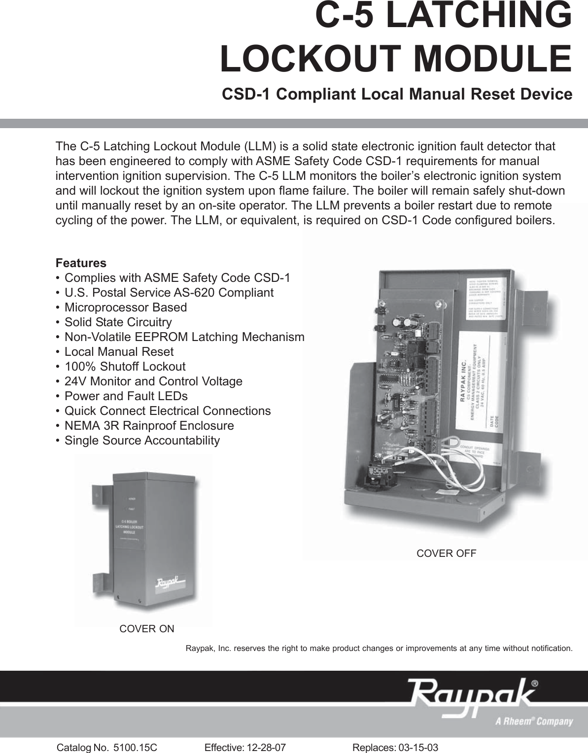 Page 1 of 2 - Raypak Raypak-Latching-Lockout-Module-C-5-Users-Manual- 5100.15C.pmd  Raypak-latching-lockout-module-c-5-users-manual