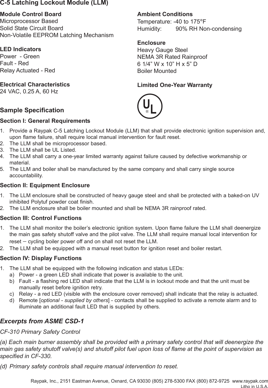 Page 2 of 2 - Raypak Raypak-Latching-Lockout-Module-C-5-Users-Manual- 5100.15C.pmd  Raypak-latching-lockout-module-c-5-users-manual