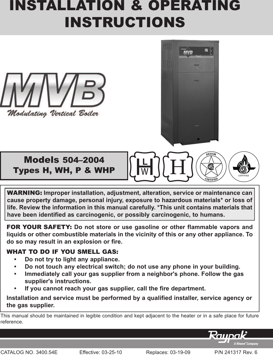Raypak Mvb 5042004 Users Manual 6000.59 New RP2100