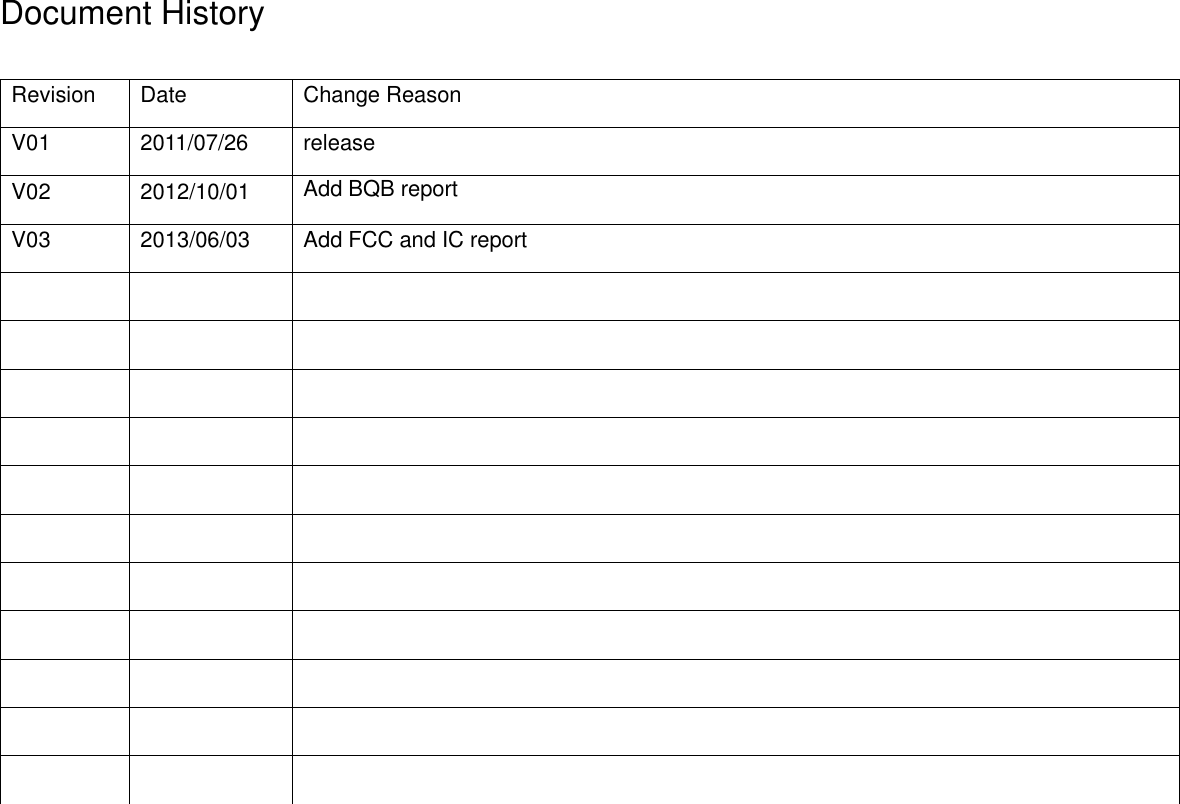 Document History             Revision  Date  Change Reason V01  2011/07/26  release V02  2012/10/01  Add BQB report V03  2013/06/03  Add FCC and IC report                                                        