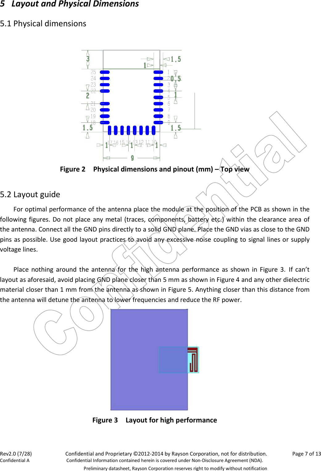 Rev2.0 (7/28)    Confidential and Proprietary ©2012-2014 by Rayson Corporation, not for distribution.  Page 7 of 13 Confidential A  Confidential Information contained herein is covered under Non-Disclosure Agreement (NDA).   Preliminary datasheet, Rayson Corporation reserves right to modify without notification 5 Layout and Physical Dimensions 5.1 Physical dimensions                 Figure 2    Physical dimensions and pinout (mm) – Top view  5.2 Layout guide For optimal performance of the antenna place the module at the position of the PCB as shown in the following figures. Do not place any metal (traces, components, battery etc.) within the clearance area of the antenna. Connect all the GND pins directly to a solid GND plane. Place the GND vias as close to the GND pins as possible. Use good layout practices to avoid any excessive noise coupling to signal lines or supply voltage lines.    Place  nothing around the  antenna for  the high  antenna performance  as shown in  Figure 3. If  can’t layout as aforesaid, avoid placing GND plane closer than 5 mm as shown in Figure 4 and any other dielectric material closer than 1 mm from the antenna as shown in Figure 5. Anything closer than this distance from the antenna will detune the antenna to lower frequencies and reduce the RF power.  Figure 3    Layout for high performance  