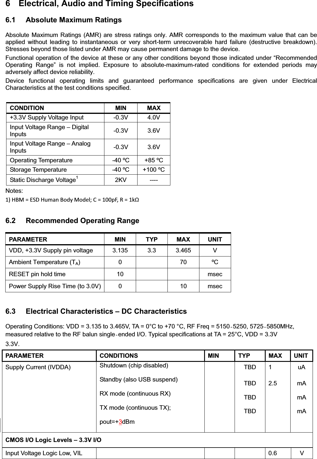 6  Electrical, Audio and Timing Specifications   6.1 Absolute Maximum Ratings Absolute Maximum Ratings (AMR) are stress ratings only. AMR corresponds to the maximum value that can be applied without leading to instantaneous or very short-term unrecoverable hard failure (destructive breakdown). Stresses beyond those listed under AMR may cause permanent damage to the device. Functional operation of the device at these or any other conditions beyond those indicated under “Recommended Operating Range” is not implied. Exposure to absolute-maximum-rated conditions for extended periods may adversely affect device reliability. Device functional operating limits and guaranteed performance specifications are given under Electrical Characteristics at the test conditions specified.   CONDITION MIN MAX +3.3V Supply Voltage Input  -0.3V  4.0V Input Voltage Range – Digital Inputs  -0.3V 3.6V Input Voltage Range – Analog Inputs  -0.3V 3.6V Operating Temperature  -40 ºC  +85 ºC Storage Temperature  -40 ºC  +100 ºCStatic Discharge Voltage12KV ---- Notes: 1)HBM=ESDHumanBodyModel;C=100pF,R=1k6.2  Recommended Operating Range PARAMETER MIN TYP MAX UNIT VDD, +3.3V Supply pin voltage    3.135  3.3  3.465  V Ambient Temperature (TA) 0  70 ºC RESET pin hold time  10      msec Power Supply Rise Time (to 3.0V)  0    10  msec 6.3  Electrical Characteristics – DC Characteristics Operating Conditions: VDD = 3.135 to 3.465V, TA = 0°C to +70 °C, RF Freq = 5150®5250, 5725®5850MHz, measured relative to the RF balun single®ended I/O. Typical specifications at TA = 25°C, VDD = 3.3V 3.3V.PARAMETER CONDITIONS  MIN TYP MAX UNITSupply Current (IVDDA)  Shutdown (chip disabled)   Standby (also USB suspend) RX mode (continuous RX) TX mode (continuous TX); pout=+3dBm TBD TBDTBDTBD12.5uAmAmAmACMOS I/O Logic Levels – 3.3V I/OInput Voltage Logic Low, VIL        0.6  V 