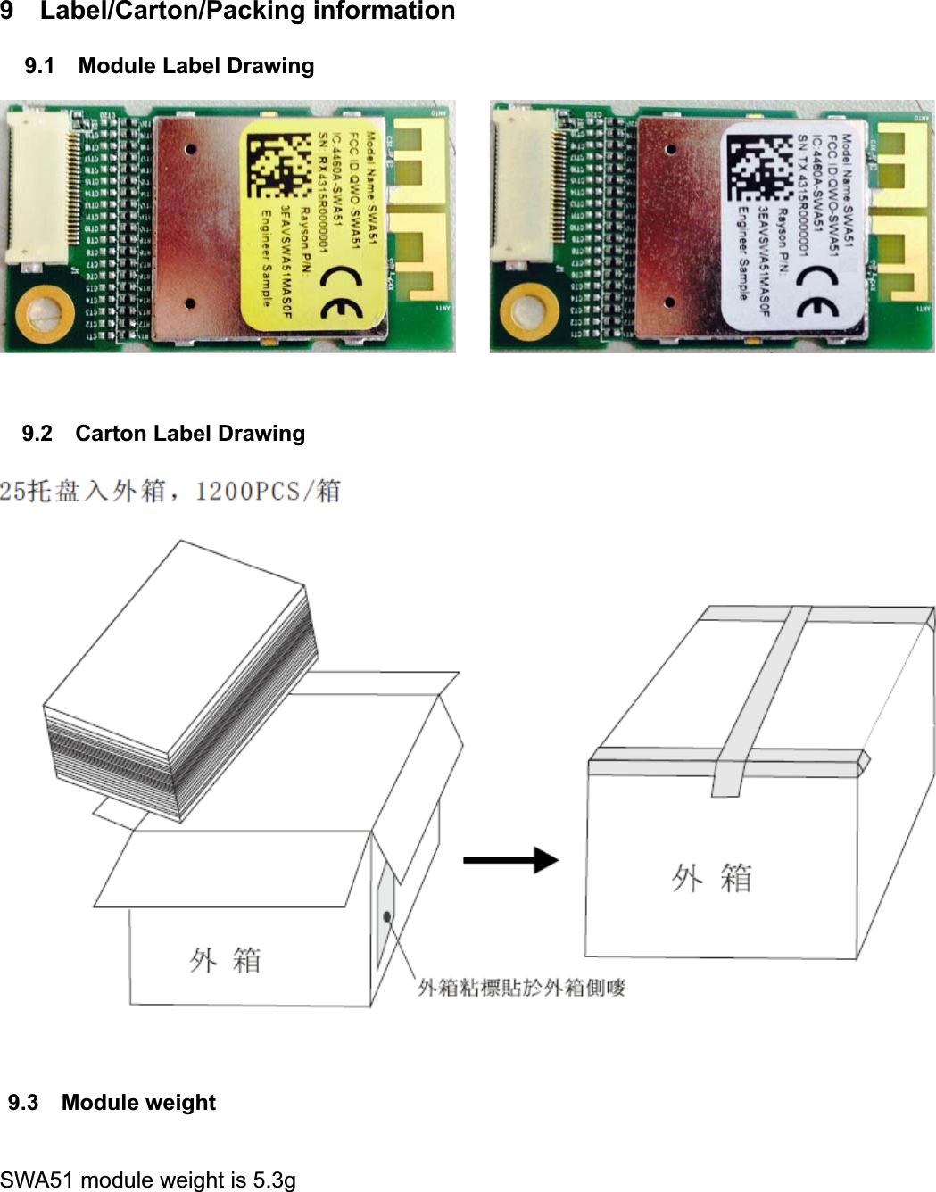 9 Label/Carton/Packing information 9.1  Module Label Drawing 9.2    Carton Label Drawing 9.3  Module weightSWA51 module weight is 5.3g 