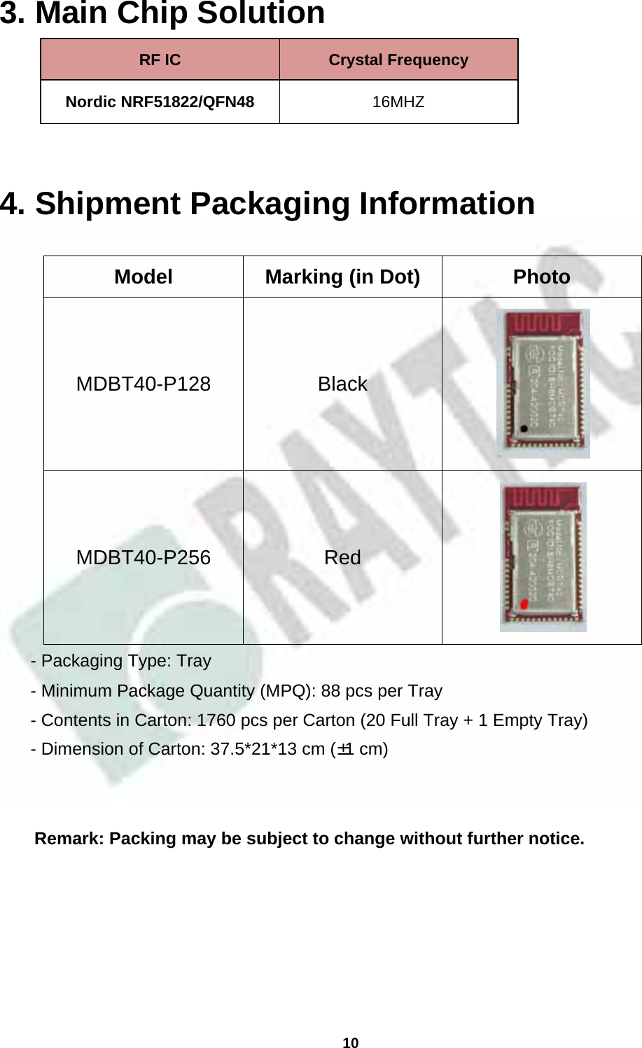  10  3. Main Chip Solution RF IC  Crystal Frequency Nordic NRF51822/QFN48  16MHZ 4. Shipment Packaging InformationModel  Marking (in Dot)  Photo MDBT40-P128 Black  MDBT40-P256 Red    - Packaging Type: Tray  - Minimum Package Quantity (MPQ): 88 pcs per Tray  - Contents in Carton: 1760 pcs per Carton (20 Full Tray + 1 Empty Tray)  - Dimension of Carton: 37.5*21*13 cm (±1 cm)Remark: Packing may be subject to change without further notice.     