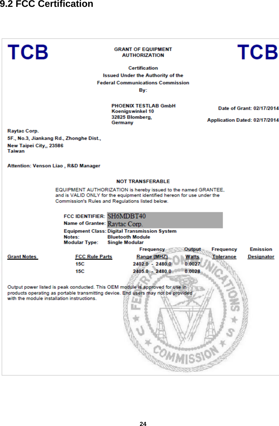  24  9.2 FCC Certification