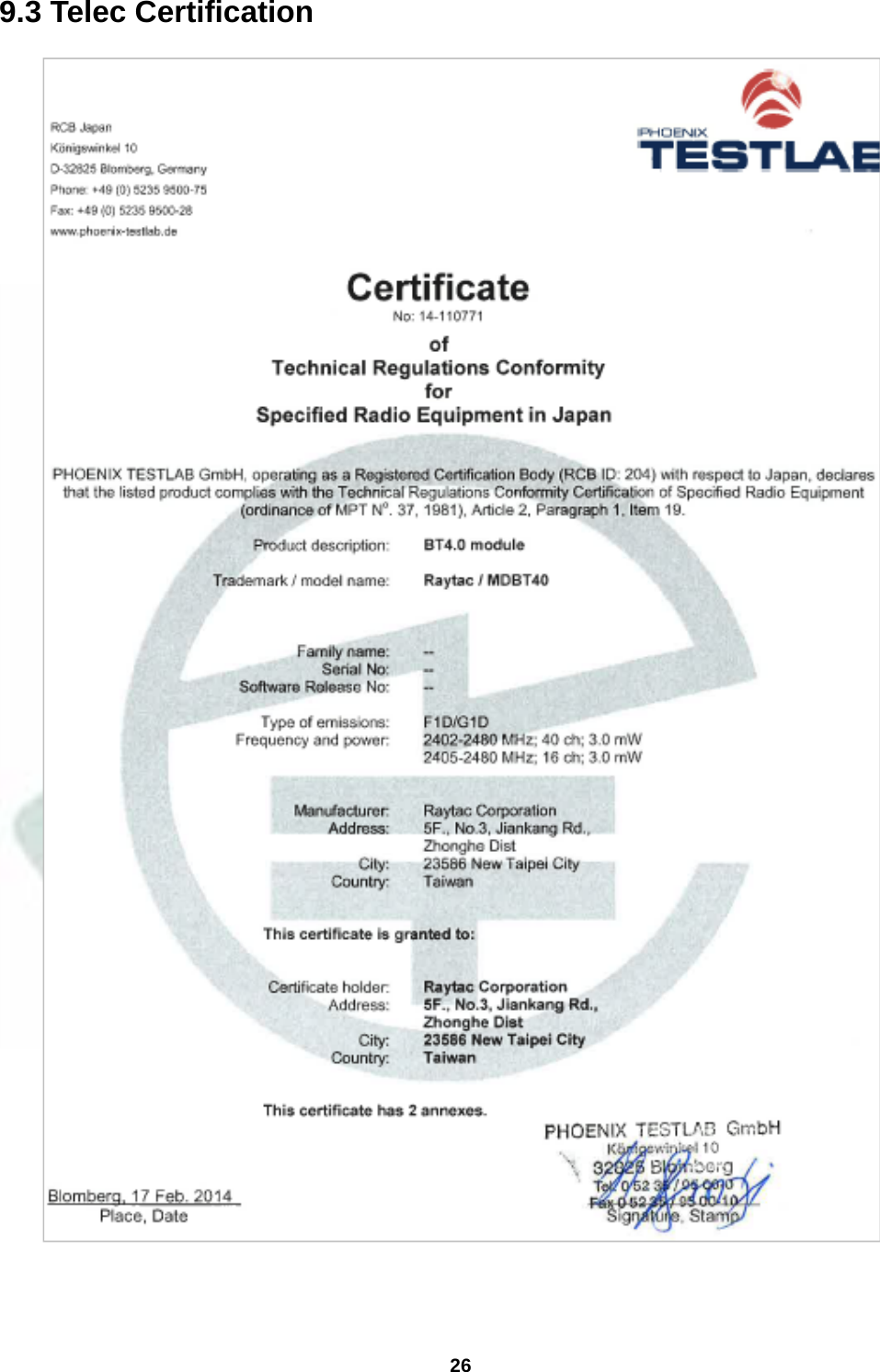  26  9.3 Telec Certification