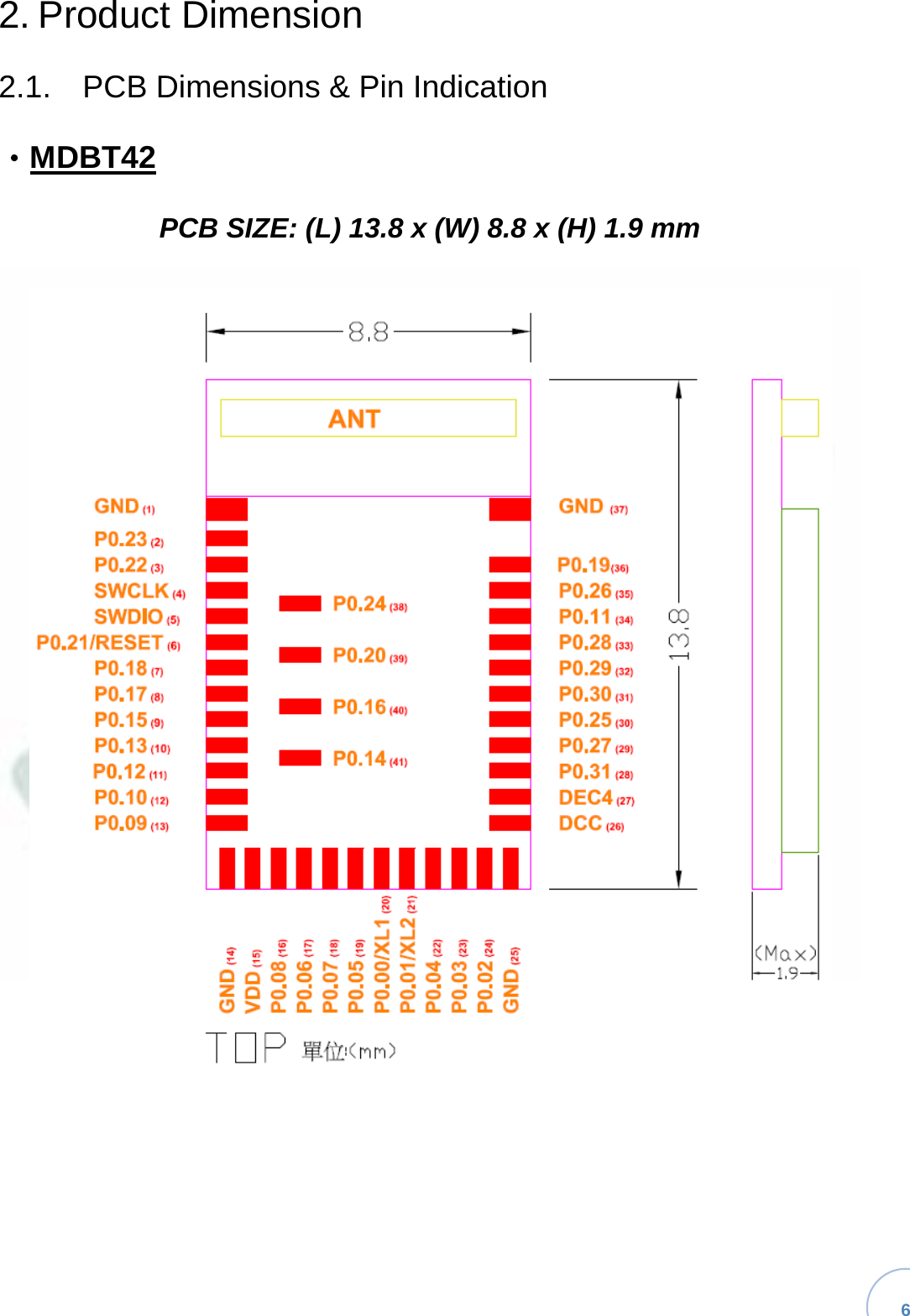   6 2. Product Dimension2.1.  PCB Dimensions &amp; Pin Indication•MDBT42PCB SIZE: (L) 13.8 x (W) 8.8 x (H) 1.9 mm