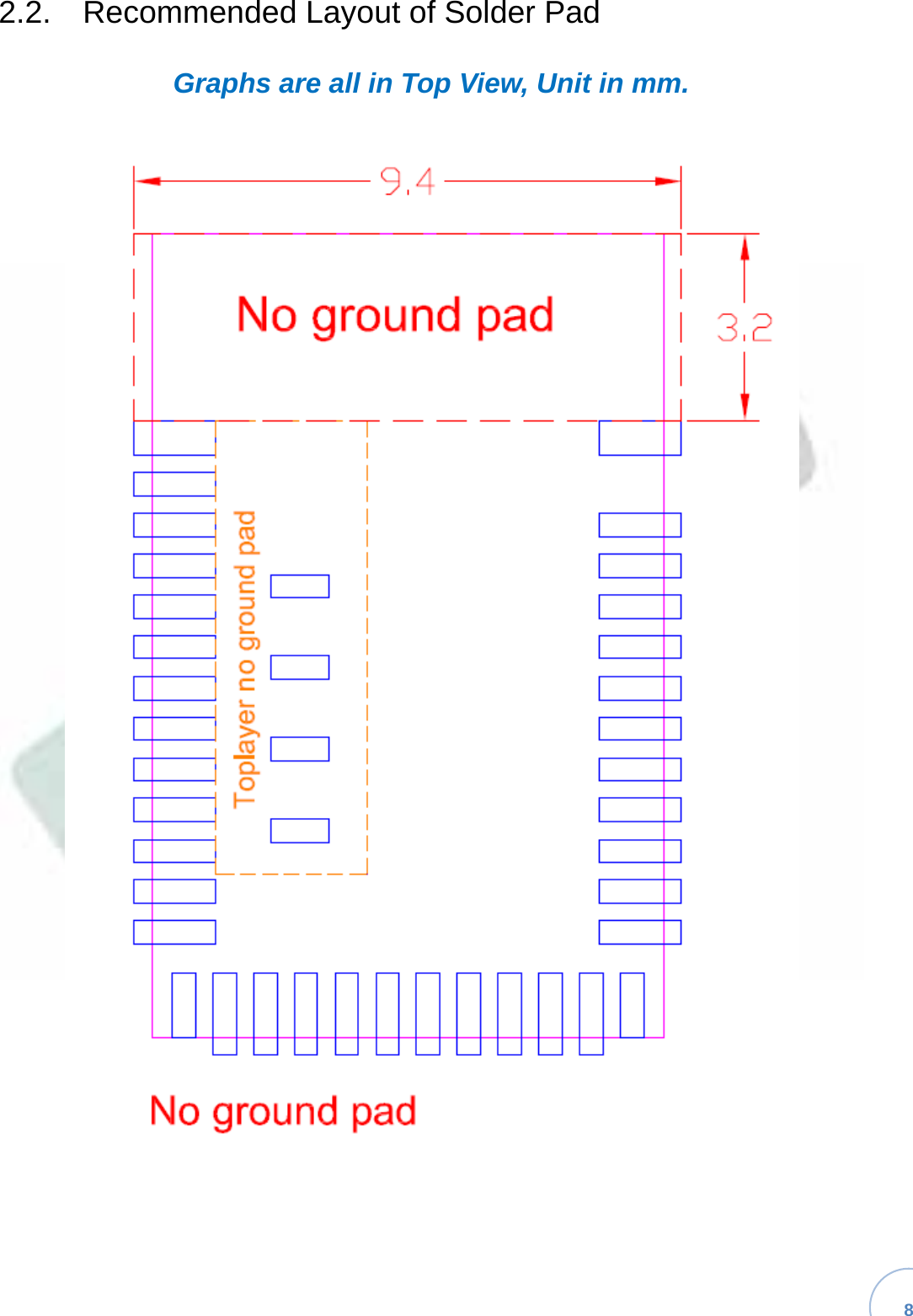   8 2.2.  Recommended Layout of Solder PadGraphs are all in Top View, Unit in mm. 