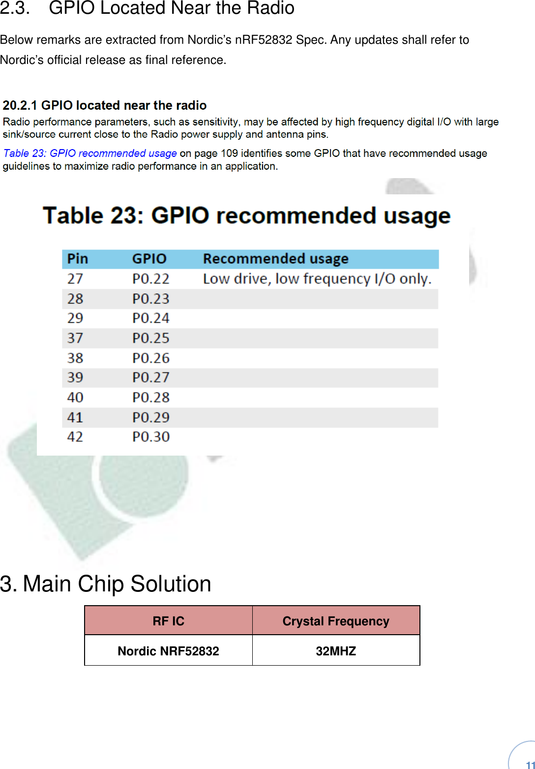   11 2.3.  GPIO Located Near the RadioBelow remarks are extracted from Nordic’s nRF52832 Spec. Any updates shall refer to Nordic’s official release as final reference.3. Main Chip SolutionRF IC Crystal Frequency Nordic NRF52832 32MHZ 