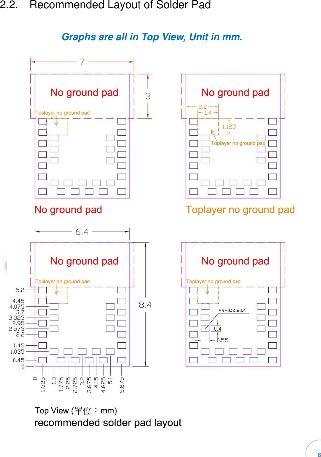   8 2.2.  Recommended Layout of Solder PadGraphs are all in Top View, Unit in mm.