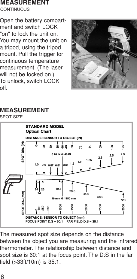 6MEASUREMENTCONTINUOUSOpen the battery compart-ment and switch LOCK&quot;on&quot; to lock the unit on.You may mount the unit ona tripod, using the tripodmount. Pull the trigger forcontinuous temperaturemeasurement. (The laserwill not be locked on.)To unlock, switch LOCKoff.STANDARD MODELOptical Chart3000 1201.00024SPOT DIA. (IN)SPOT DIA. (mm)DISTANCE: SENSOR TO OBJECT (mm)DISTANCE: SENSOR TO OBJECT (IN)FOCUS POINT D:S = 60:1    FAR FIELD D:S = 35:10.76 IN @ 46 IN19 mm @ 1150 mm15002500 100601.22.32.929.058.072.0200044.010005002501002423300.9 0.81 0.821.51 1.852.519.81088472482036460.87The measured spot size depends on the distancebetween the object you are measuring and the infraredthermometer. The relationship between distance andspot size is 60:1 at the focus point. The D:S in the farfield (&gt;33ft/10m) is 35:1.MEASUREMENTSPOT SIZE