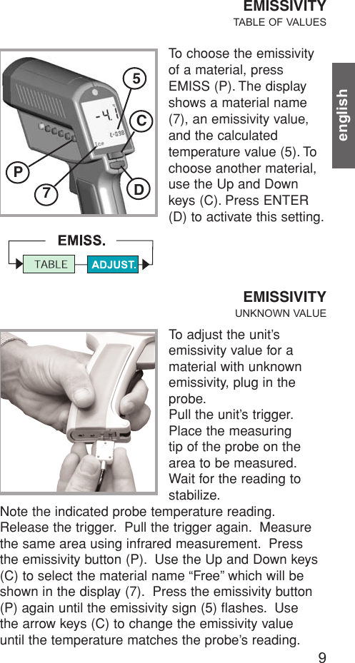 To adjust the unit’s emissivity value for amaterial with unknownemissivity, plug in theprobe.Pull the unit’s trigger.Place the measuring tip of the probe on thearea to be measured.Wait for the reading tostabilize.EMISSIVITYTABLE OF VALUESTo choose the emissivityof a material, pressEMISS (P). The displayshows a material name(7), an emissivity value,and the calculatedtemperature value (5). Tochoose another material,use the Up and Downkeys (C). Press ENTER(D) to activate this setting.EMISSIVITYUNKNOWN VALUENote the indicated probe temperature reading.Release the trigger. Pull the trigger again. Measurethe same area using infrared measurement. Press the emissivity button (P). Use the Up and Down keys(C) to select the material name “Free” which will beshown in the display (7). Press the emissivity button(P) again until the emissivity sign (5) flashes. Use the arrow keys (C) to change the emissivity value until the temperature matches the probe’s reading.9englishP75CD