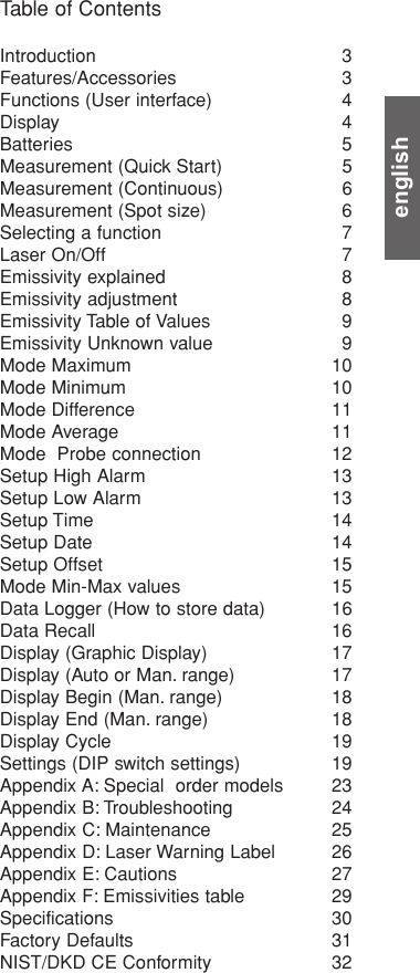 englishIntroduction 3Features/Accessories 3Functions (User interface) 4Display 4Batteries 5Measurement (Quick Start) 5Measurement (Continuous) 6Measurement (Spot size) 6Selecting a function 7Laser On/Off 7Emissivity explained 8Emissivity adjustment 8Emissivity Table of Values 9Emissivity Unknown value 9Mode Maximum 10Mode Minimum 10Mode Difference 11Mode Average 11Mode  Probe connection 12Setup High Alarm 13Setup Low Alarm 13Setup Time 14Setup Date 14Setup Offset 15Mode Min-Max values 15Data Logger (How to store data) 16Data Recall 16Display (Graphic Display) 17Display (Auto or Man. range) 17Display Begin (Man. range) 18Display End (Man. range) 18Display Cycle 19Settings (DIP switch settings) 19Appendix A: Special  order models 23Appendix B: Troubleshooting 24Appendix C: Maintenance 25Appendix D: Laser Warning Label 26Appendix E: Cautions 27Appendix F: Emissivities table 29Specifications 30Factory Defaults 31NIST/DKD CE Conformity 32Table of Contents