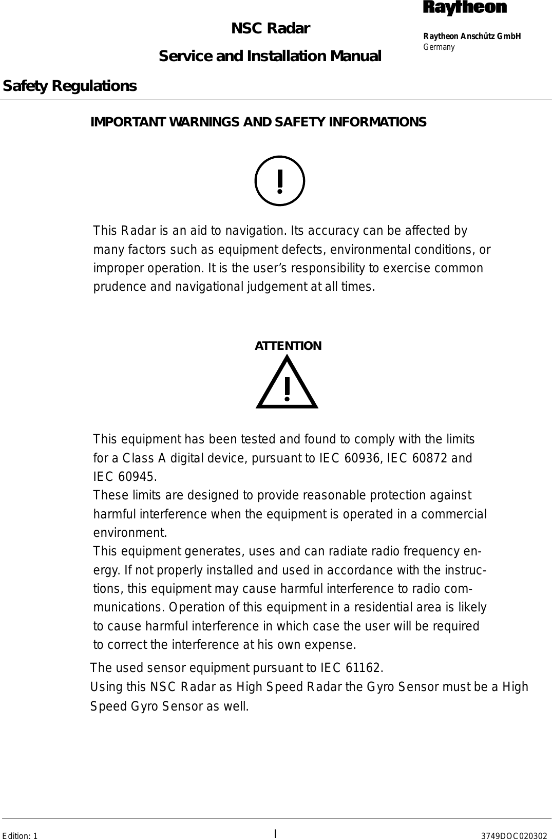 Page 3 of Raytheon Anschuetz High Seas 9RAN-SUR-25U Marine Radar User Manual Titel