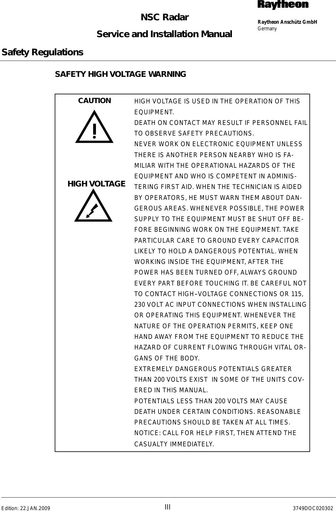 Page 5 of Raytheon Anschuetz High Seas 9RAN-SUR-25U Marine Radar User Manual Titel