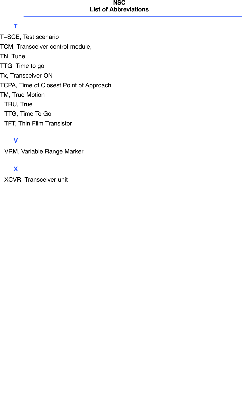 NSCList of AbbreviationsTT−SCE, Test scenarioTCM, Transceiver control module,TN, TuneTTG, Time to goTx, Transceiver ONTCPA, Time of Closest Point of ApproachTM, True MotionTRU, TrueTTG, Time To GoTFT, Thin Film TransistorVVRM, Variable Range MarkerXXCVR, Transceiver unit