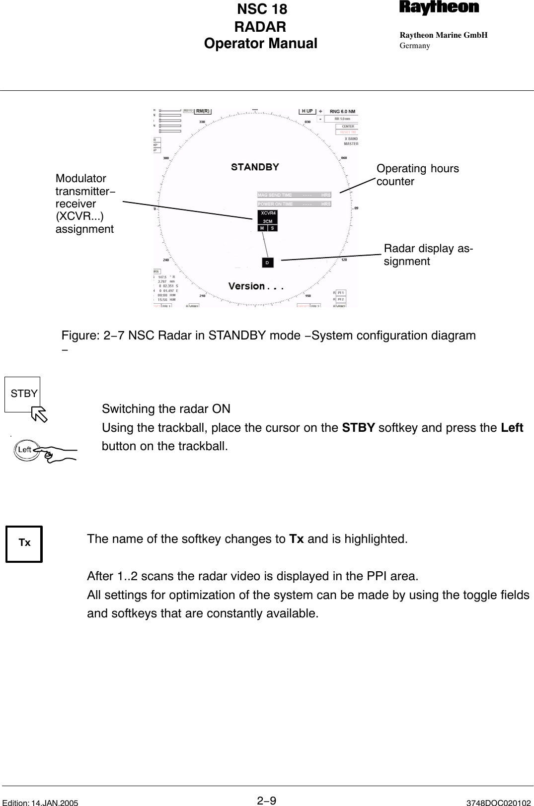 STBYTxOperator Manual Raytheon Marine GmbHGermanyRNSC 18RADAR2−93748DOC020102Edition: 14.JAN.2005Figure: 2−7 NSC Radar in STANDBY mode −System configuration diagram−Operating hourscounterRadar display as-signmentModulatortransmitter−receiver(XCVR...)assignment. . .Switching the radar ONUsing the trackball, place the cursor on the STBY softkey and press the Leftbutton on the trackball.The name of the softkey changes to Tx and is highlighted.After 1..2 scans the radar video is displayed in the PPI area.All settings for optimization of the system can be made by using the toggle fieldsand softkeys that are constantly available. 