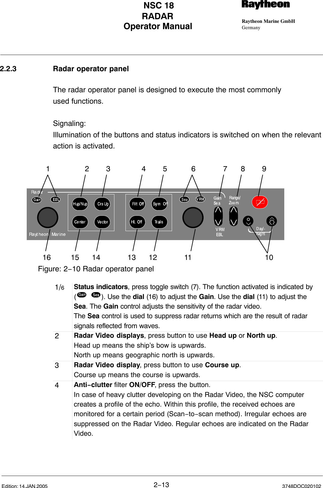 Operator Manual Raytheon Marine GmbHGermanyRNSC 18RADAR2−13 3748DOC020102Edition: 14.JAN.20052.2.3 Radar operator panelThe radar operator panel is designed to execute the most commonly used functions. Signaling:Illumination of the buttons and status indicators is switched on when the relevantaction is activated.Figure: 2−10 Radar operator panel12345678916 15 14 13 12 11 101/6Status indicators, press toggle switch (7). The function activated is indicated by(             ). Use the dial (16) to adjust the Gain. Use the dial (11) to adjust theSea. The Gain control adjusts the sensitivity of the radar video.The Sea control is used to suppress radar returns which are the result of radarsignals reflected from waves.2Radar Video displays, press button to use Head up or North up.Head up means the ship’s bow is upwards.North up means geographic north is upwards.3Radar Video display, press button to use Course up.Course up means the course is upwards.4Anti−clutter filter ON/OFF, press the button.In case of heavy clutter developing on the Radar Video, the NSC computer creates a profile of the echo. Within this profile, the received echoes are monitored for a certain period (Scan−to−scan method). Irregular echoes are  suppressed on the Radar Video. Regular echoes are indicated on the Radar Video.