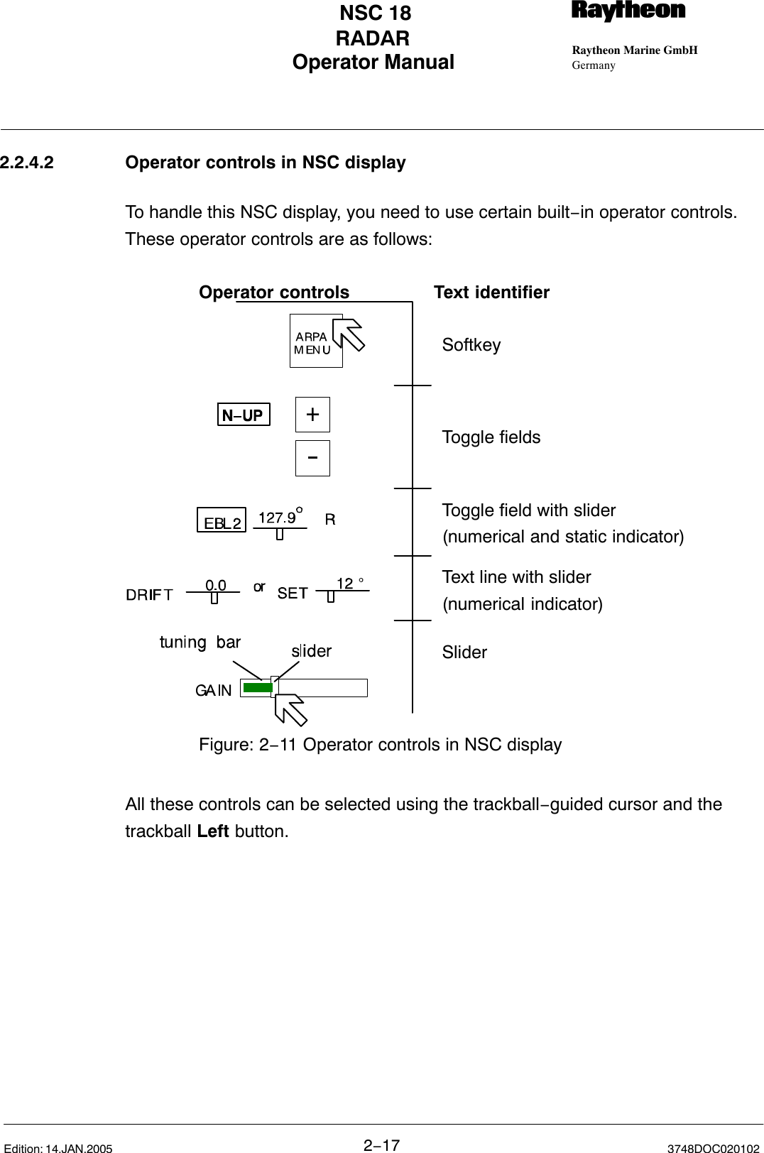 Operator Manual Raytheon Marine GmbHGermanyRNSC 18RADAR2−17 3748DOC020102Edition: 14.JAN.20052.2.4.2 Operator controls in NSC displayTo handle this NSC display, you need to use certain built−in operator controls.These operator controls are as follows: SoftkeyToggle fieldsToggle field with slider (numerical and static indicator)Text line with slider (numerical indicator)SliderOperator controls Text identifierFigure: 2−11 Operator controls in NSC displayAll these controls can be selected using the trackball−guided cursor and thetrackball Left button. 