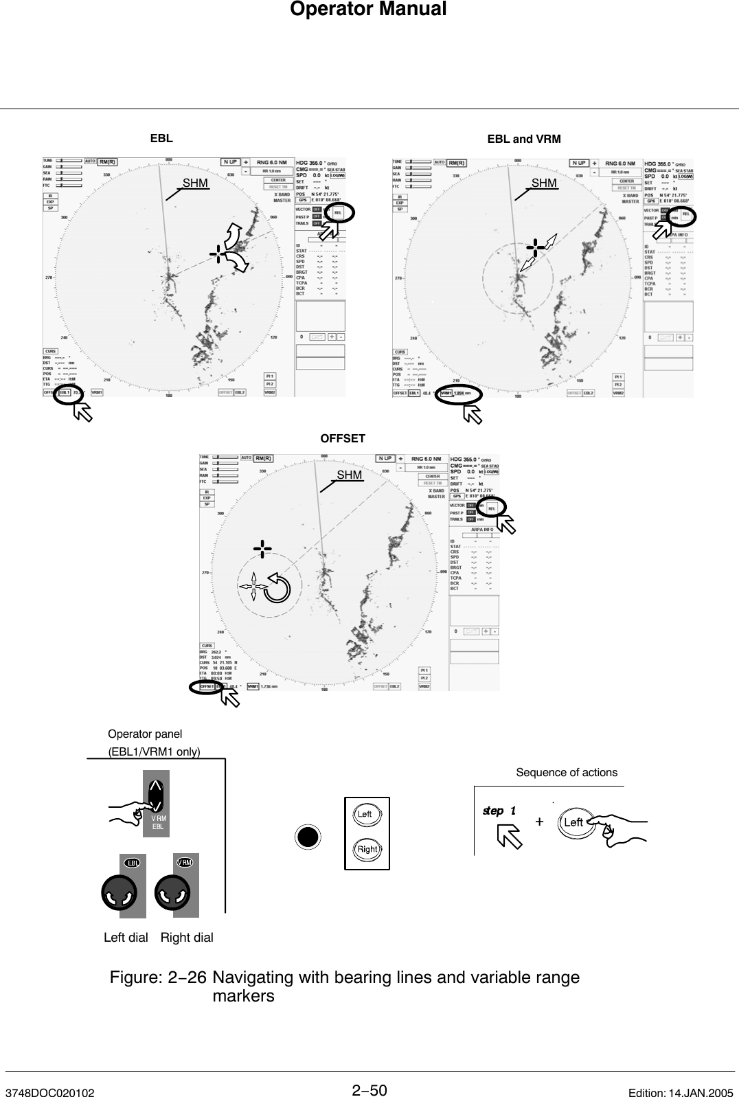 Operator Manual2−503748DOC020102 Edition: 14.JAN.2005Figure: 2−26 Navigating with bearing lines and variable range          markersEBL and VRMOFFSETEBLLeft dial Right dialSHM SHMSHMOperator panel(EBL1/VRM1 only)Sequence of actions