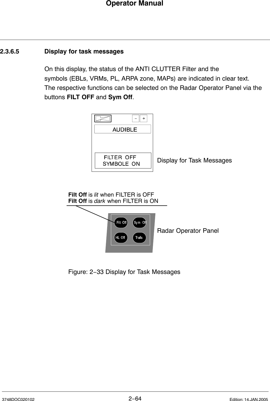 Operator Manual2−643748DOC020102 Edition: 14.JAN.20052.3.6.5 Display for task messagesOn this display, the status of the ANTI CLUTTER Filter and the symbols (EBLs, VRMs, PL, ARPA zone, MAPs) are indicated in clear text.The respective functions can be selected on the Radar Operator Panel via thebuttons FILT OFF and Sym Off.Figure: 2−33 Display for Task MessagesDisplay for Task MessagesRadar Operator PanelFilt Off is lit when FILTER is OFFFilt Off is dark when FILTER is ON