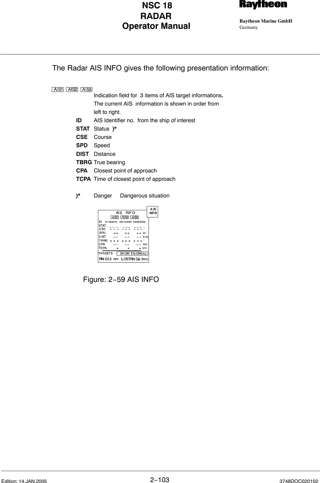 Operator Manual Raytheon Marine GmbHGermanyRNSC 18RADAR2−103 3748DOC020102Edition: 14.JAN.2005The Radar AIS INFO gives the following presentation information:Indication field for  3 items of AIS target informations.The current AIS  information is shown in order from left to right.ID AIS Identifier no.  from the ship of interest STAT Status  )*CSE Course SPD Speed DIST DistanceTBRG True bearingCPA Closest point of approachTCPA Time of closest point of approach)* Danger Dangerous situation Figure: 2−59 AIS INFO