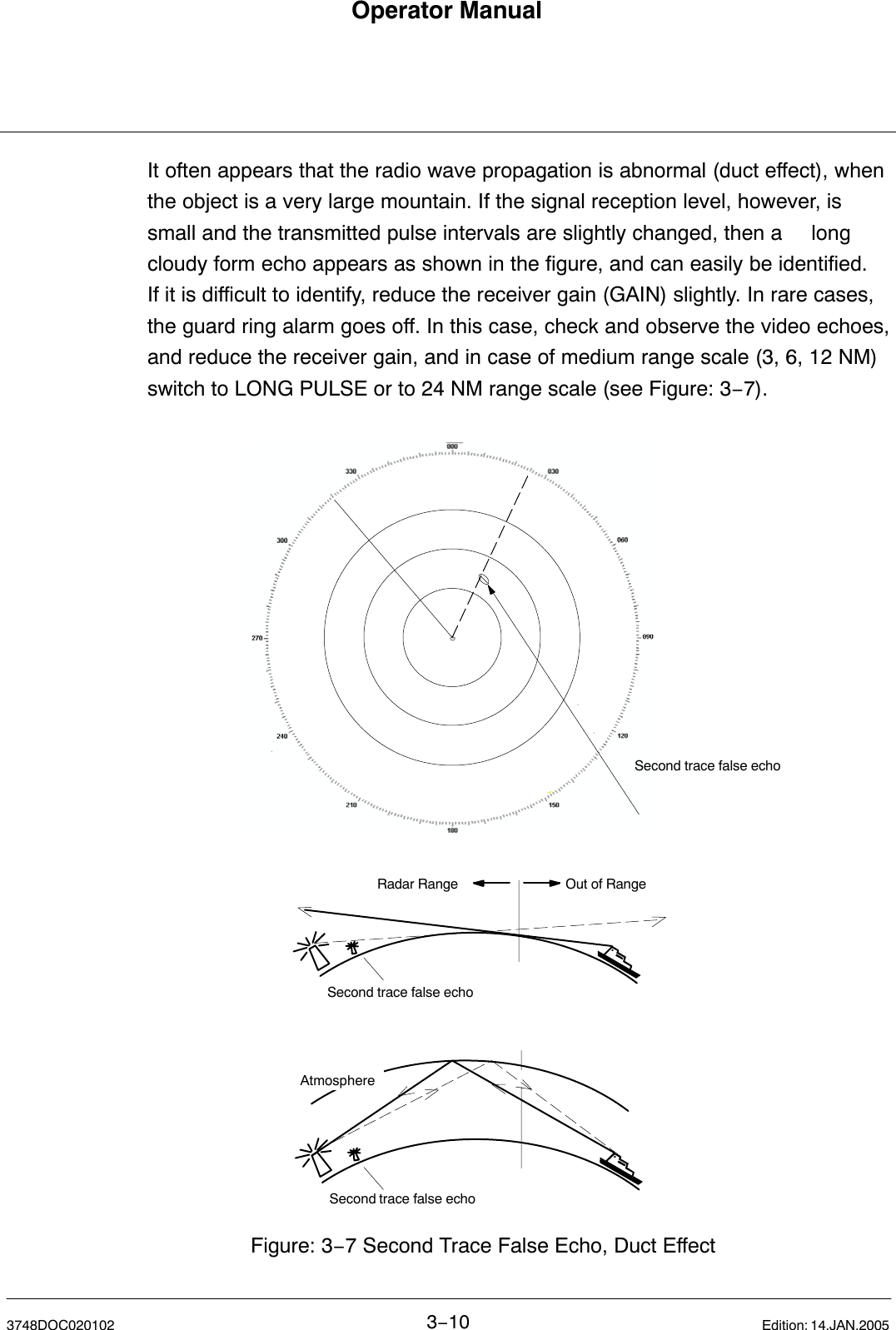 Operator Manual3−103748DOC020102 Edition: 14.JAN.2005It often appears that the radio wave propagation is abnormal (duct effect), whenthe object is a very large mountain. If the signal reception level, however, issmall and the transmitted pulse intervals are slightly changed, then a  longcloudy form echo appears as shown in the figure, and can easily be identified.If it is difficult to identify, reduce the receiver gain (GAIN) slightly. In rare cases,the guard ring alarm goes off. In this case, check and observe the video echoes,and reduce the receiver gain, and in case of medium range scale (3, 6, 12 NM)switch to LONG PULSE or to 24 NM range scale (see Figure: 3−7).Second trace false echoSecond trace false echoAtmosphereSecond trace false echoOut of RangeRadar RangeFigure: 3−7 Second Trace False Echo, Duct Effect