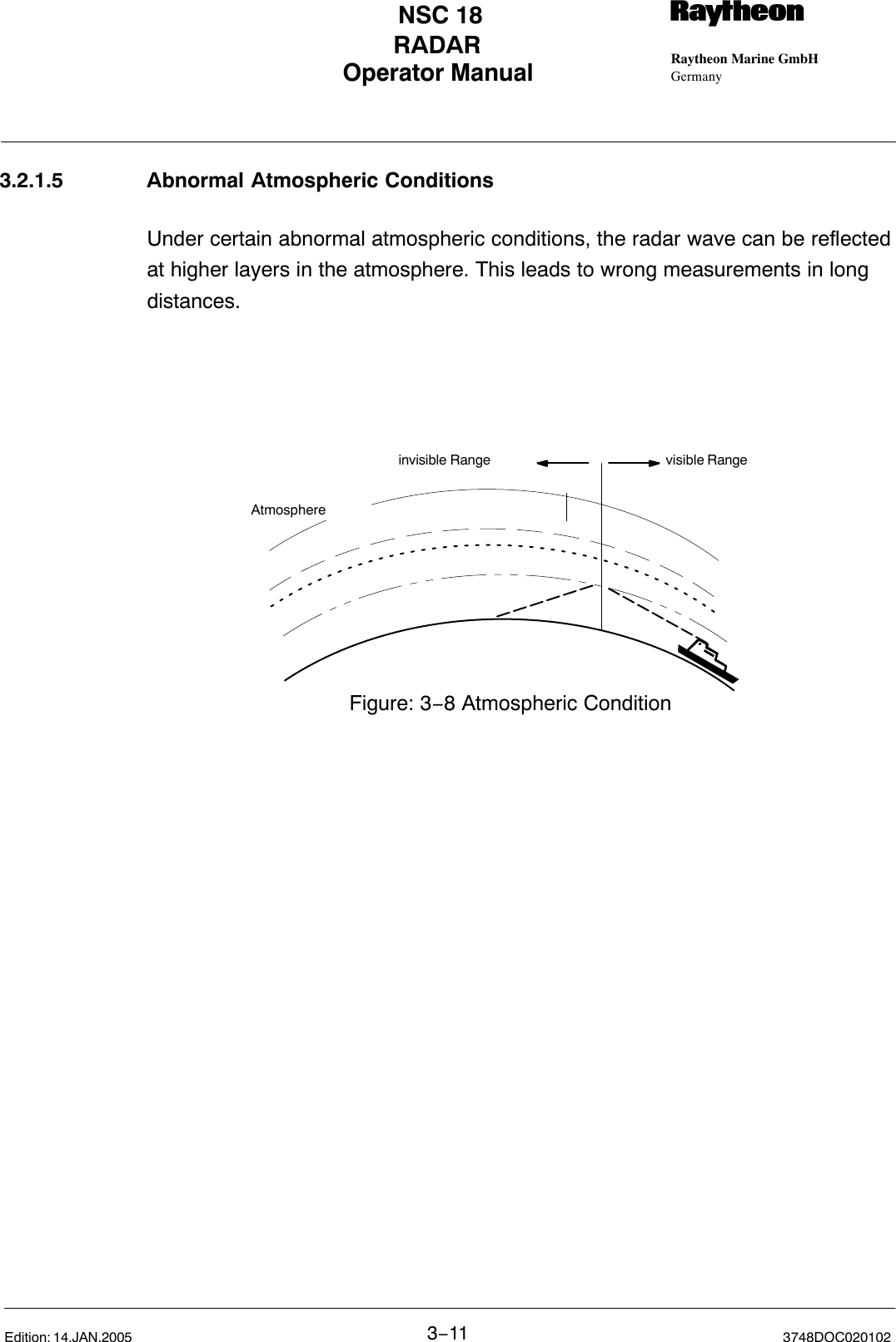 Operator Manual Raytheon Marine GmbHGermanyRNSC 18RADAR3−11 3748DOC020102Edition: 14.JAN.20053.2.1.5 Abnormal Atmospheric ConditionsUnder certain abnormal atmospheric conditions, the radar wave can be reflectedat higher layers in the atmosphere. This leads to wrong measurements in longdistances.AtmosphereFigure: 3−8 Atmospheric Conditionvisible Rangeinvisible Range