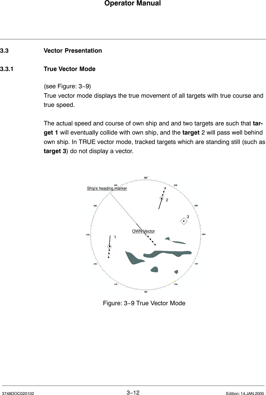 123Ship’s heading markerOWN VectorFigure: 3−9 True Vector ModeOperator Manual3−123748DOC020102 Edition: 14.JAN.20053.3 Vector Presentation3.3.1 True Vector Mode(see Figure: 3−9)True vector mode displays the true movement of all targets with true course andtrue speed.The actual speed and course of own ship and and two targets are such that tar-get 1 will eventually collide with own ship, and the target 2 will pass well behindown ship. In TRUE vector mode, tracked targets which are standing still (such astarget 3) do not display a vector. 