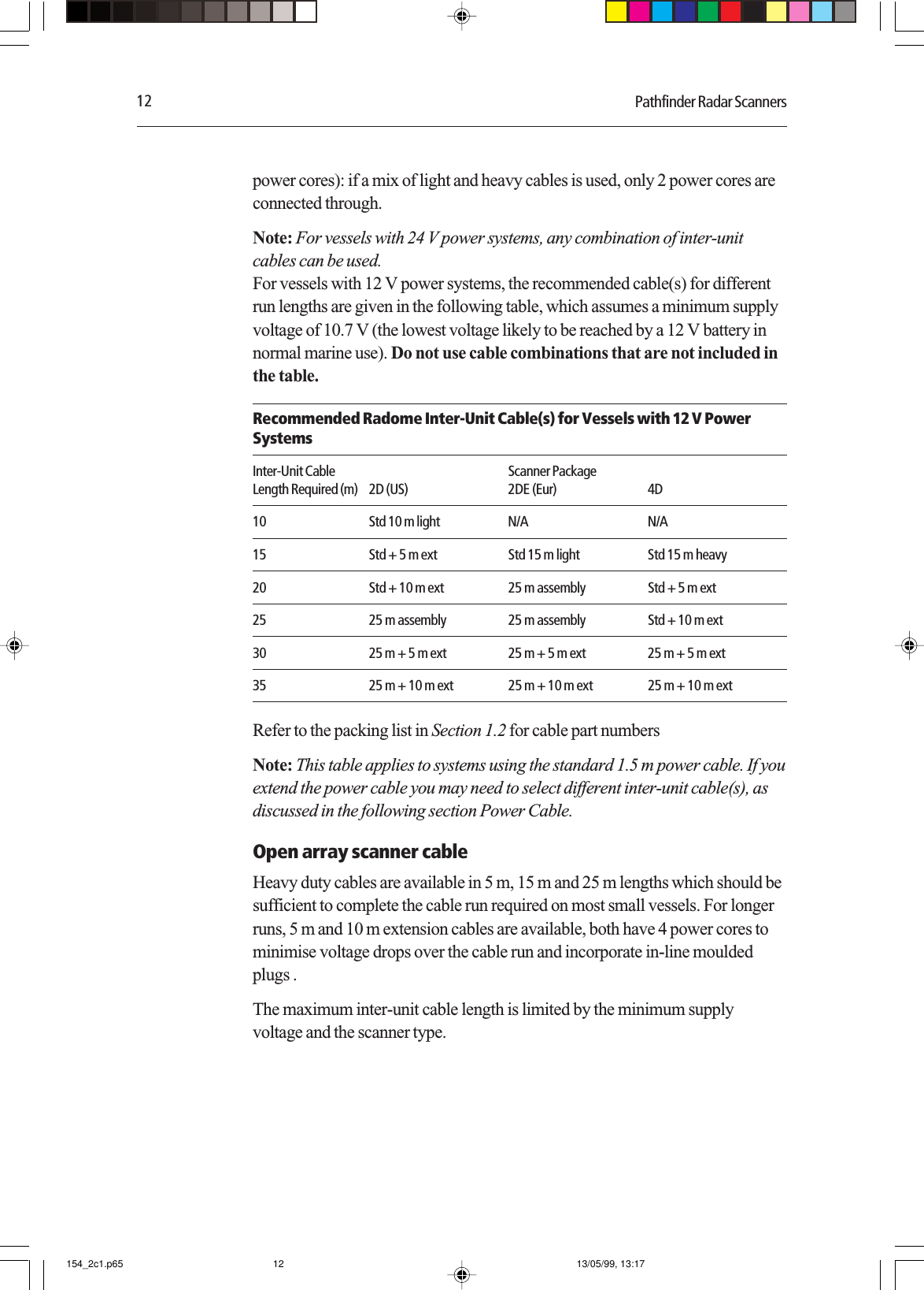 12 Pathfinder Radar Scannerspower cores): if a mix of light and heavy cables is used, only 2 power cores areconnected through.Note: For vessels with 24 V power systems, any combination of inter-unitcables can be used.For vessels with 12 V power systems, the recommended cable(s) for differentrun lengths are given in the following table, which assumes a minimum supplyvoltage of 10.7 V (the lowest voltage likely to be reached by a 12 V battery innormal marine use). Do not use cable combinations that are not included inthe table.Recommended Radome Inter-Unit Cable(s) for Vessels with 12 V PowerSystemsInter-Unit Cable Scanner PackageLength Required (m) 2D (US) 2DE (Eur) 4D10 Std 10 m light N/A N/A15 Std + 5 m ext Std 15 m light Std 15 m heavy20 Std + 10 m ext 25 m assembly Std + 5 m ext25 25 m assembly 25 m assembly Std + 10 m ext30 25 m + 5 m ext 25 m + 5 m ext 25 m + 5 m ext35 25 m + 10 m ext 25 m + 10 m ext 25 m + 10 m extRefer to the packing list in Section 1.2 for cable part numbersNote: This table applies to systems using the standard 1.5 m power cable. If youextend the power cable you may need to select different inter-unit cable(s), asdiscussed in the following section Power Cable.Open array scanner cableHeavy duty cables are available in 5 m, 15 m and 25 m lengths which should besufficient to complete the cable run required on most small vessels. For longerruns, 5 m and 10 m extension cables are available, both have 4 power cores tominimise voltage drops over the cable run and incorporate in-line mouldedplugs .The maximum inter-unit cable length is limited by the minimum supplyvoltage and the scanner type.154_2c1.p65 13/05/99, 13:1712