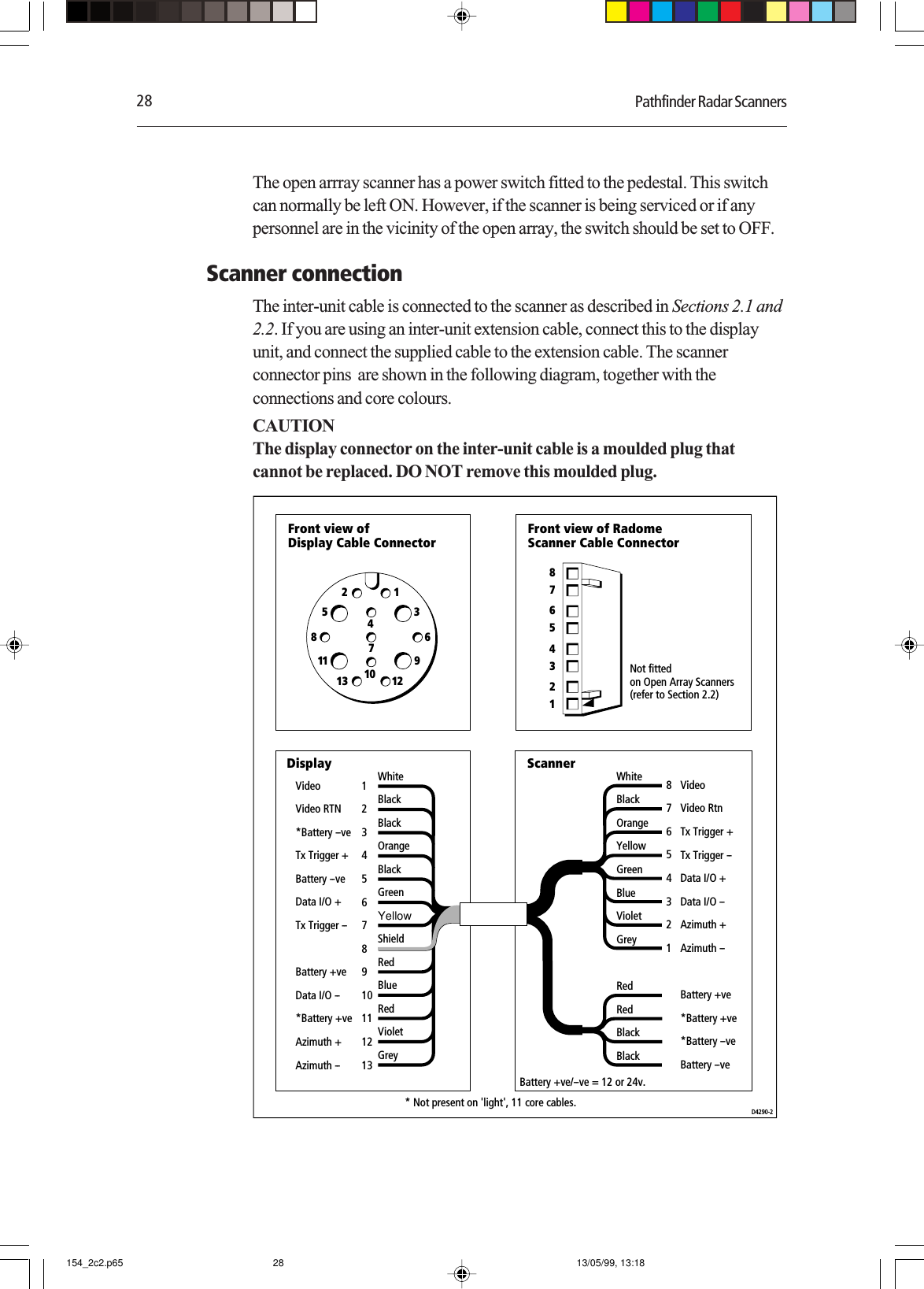 28 Pathfinder Radar ScannersThe open arrray scanner has a power switch fitted to the pedestal. This switchcan normally be left ON. However, if the scanner is being serviced or if anypersonnel are in the vicinity of the open array, the switch should be set to OFF.Scanner connectionThe inter-unit cable is connected to the scanner as described in Sections 2.1 and2.2. If you are using an inter-unit extension cable, connect this to the displayunit, and connect the supplied cable to the extension cable. The scannerconnector pins  are shown in the following diagram, together with theconnections and core colours.CAUTIONThe display connector on the inter-unit cable is a moulded plug thatcannot be replaced. DO NOT remove this moulded plug.1235 47101186913 12WhiteBlackOrangeBlackBlackGreenYellowShieldRedRedVioletBlueGreyVideoVideo RTN*Battery --veTx Trigger +Battery --veData I/O +Tx Trigger --    Battery +veData I/O --*Battery +veAzimuth +Azimuth -- 1234567    8910111213WhiteBlackOrangeYellowGreenBlueViolet    GreyRedRedBlackBlack 8765432    1VideoVideo RtnTx Trigger +Tx Trigger --Data I/O +Data I/O --Azimuth +    Azimuth --Battery +ve*Battery +ve*Battery --veBattery --ve Not fitted on Open Array Scanners(refer to Section 2.2)D4290-2Front view ofDisplay Cable Connector Front view of RadomeScanner Cable Connector2 14 36 58 7Display Scanner* Not present on &apos;light&apos;, 11 core cables.   Battery +ve/--ve = 12 or 24v.154_2c2.p65 13/05/99, 13:1828