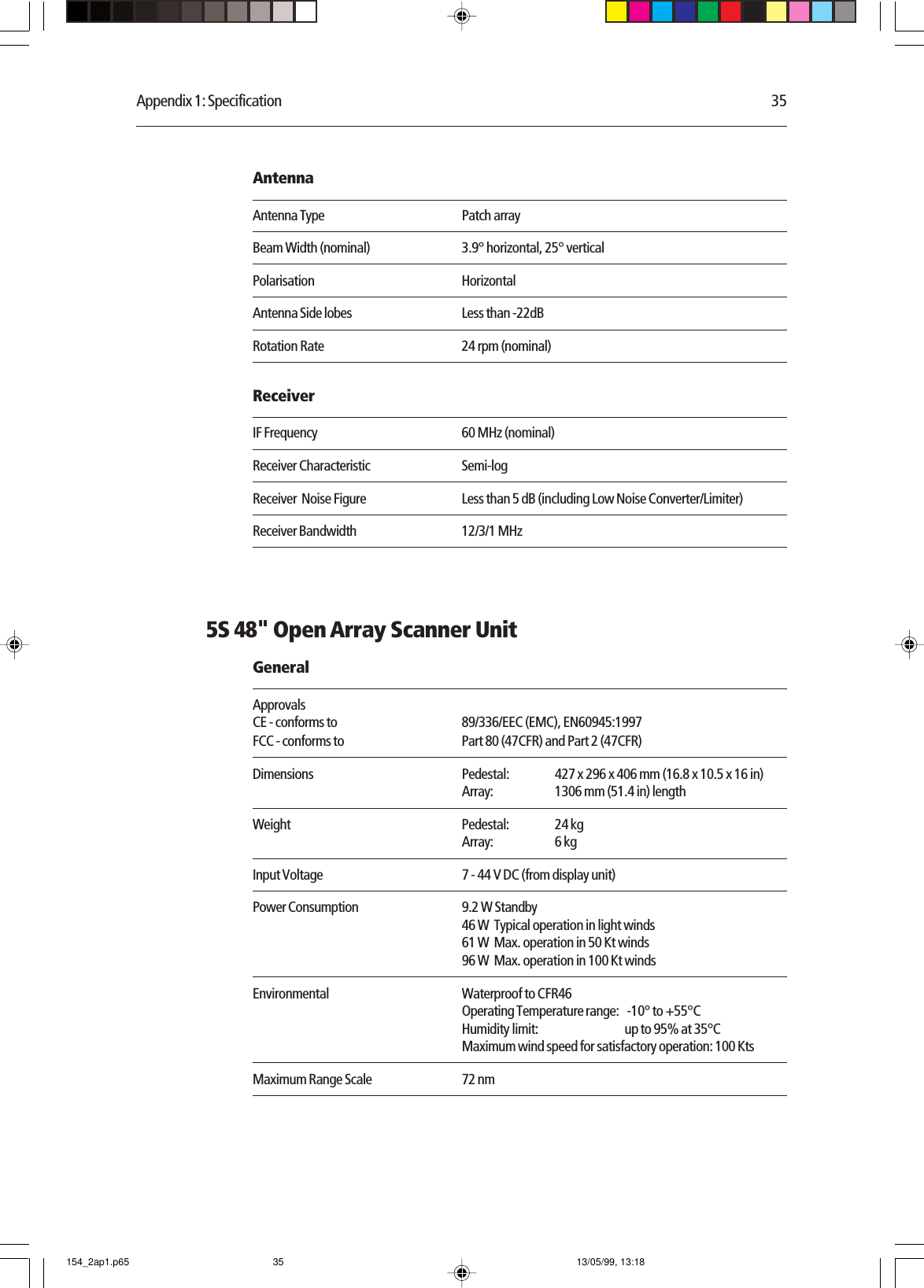 Appendix 1: Specification 35AntennaAntenna Type Patch arrayBeam Width (nominal) 3.9° horizontal, 25° verticalPolarisation HorizontalAntenna Side lobes Less than -22dBRotation Rate 24 rpm (nominal)ReceiverIF Frequency 60 MHz (nominal)Receiver Characteristic Semi-logReceiver  Noise Figure Less than 5 dB (including Low Noise Converter/Limiter)Receiver Bandwidth 12/3/1 MHz5S 48&quot; Open Array Scanner UnitGeneralApprovalsCE - conforms to 89/336/EEC (EMC), EN60945:1997FCC - conforms to Part 80 (47CFR) and Part 2 (47CFR)Dimensions Pedestal: 427 x 296 x 406 mm (16.8 x 10.5 x 16 in)Array: 1306 mm (51.4 in) lengthWeight Pedestal: 24 kgArray: 6 kgInput Voltage 7 - 44 V DC (from display unit)Power Consumption 9.2 W Standby46 W  Typical operation in light winds61 W  Max. operation in 50 Kt winds96 W  Max. operation in 100 Kt windsEnvironmental Waterproof to CFR46Operating Temperature range:  -10° to +55°CHumidity limit: up to 95% at 35°CMaximum wind speed for satisfactory operation: 100 KtsMaximum Range Scale 72 nm154_2ap1.p65 13/05/99, 13:1835