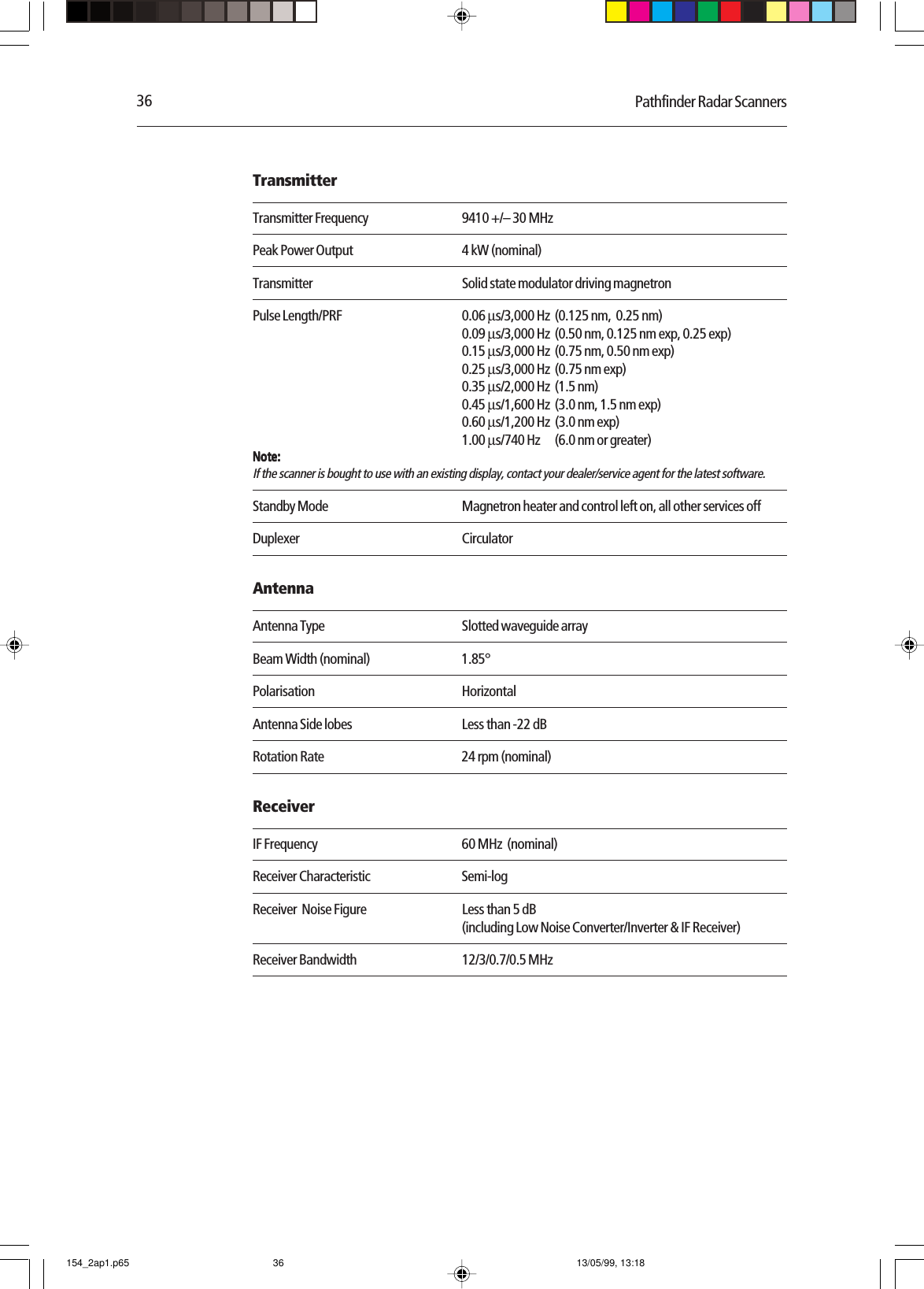 36 Pathfinder Radar ScannersTransmitterTransmitter Frequency 9410 +/– 30 MHzPeak Power Output 4 kW (nominal)Transmitter Solid state modulator driving magnetronPulse Length/PRF 0.06 µs/3,000 Hz (0.125 nm,  0.25 nm)0.09 µs/3,000 Hz (0.50 nm, 0.125 nm exp, 0.25 exp)0.15 µs/3,000 Hz (0.75 nm, 0.50 nm exp)0.25 µs/3,000 Hz (0.75 nm exp)0.35 µs/2,000 Hz (1.5 nm)0.45 µs/1,600 Hz (3.0 nm, 1.5 nm exp)0.60 µs/1,200 Hz (3.0 nm exp)1.00 µs/740 Hz (6.0 nm or greater)Note:Note:Note:Note:Note:If the scanner is bought to use with an existing display, contact your dealer/service agent for the latest software.Standby Mode Magnetron heater and control left on, all other services offDuplexer CirculatorAntennaAntenna Type Slotted waveguide arrayBeam Width (nominal) 1.85°Polarisation HorizontalAntenna Side lobes Less than -22 dBRotation Rate 24 rpm (nominal)ReceiverIF Frequency 60 MHz  (nominal)Receiver Characteristic Semi-logReceiver  Noise Figure Less than 5 dB(including Low Noise Converter/Inverter &amp; IF Receiver)Receiver Bandwidth 12/3/0.7/0.5 MHz154_2ap1.p65 13/05/99, 13:1836