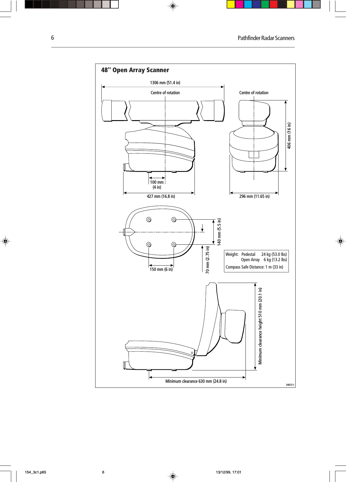 6Pathfinder Radar ScannersCentre of rotation Centre of rotation1306 mm (51.4 in)100 mm(4 in)427 mm (16.8 in) 296 mm (11.65 in)406 mm (16 in)D4572-1Weight:   Pedestal      24 kg (53.0 lbs)               Open Array    6 kg (13.2 lbs)Compass Safe Distance: 1 m (33 in)48&apos;&apos; Open Array Scanner140 mm (5.5 in)Minimum clearance height 510 mm (20.1 in)150 mm (6 in)Minimum clearance 630 mm (24.8 in)70 mm (2.75 in)154_3c1.p65 13/12/99, 17:016