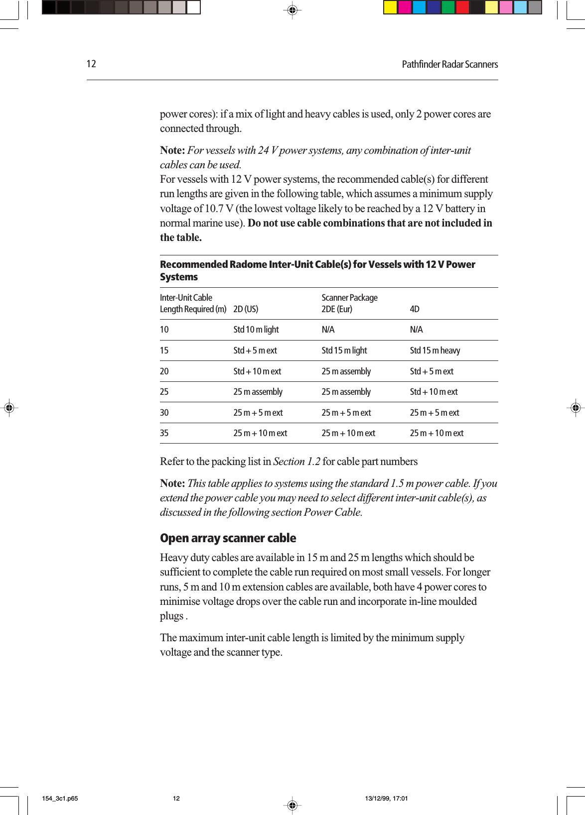 12 Pathfinder Radar Scannerspower cores): if a mix of light and heavy cables is used, only 2 power cores areconnected through.Note: For vessels with 24 V power systems, any combination of inter-unitcables can be used.For vessels with 12 V power systems, the recommended cable(s) for differentrun lengths are given in the following table, which assumes a minimum supplyvoltage of 10.7 V (the lowest voltage likely to be reached by a 12 V battery innormal marine use). Do not use cable combinations that are not included inthe table.Recommended Radome Inter-Unit Cable(s) for Vessels with 12 V PowerSystemsInter-Unit Cable Scanner PackageLength Required (m) 2D (US) 2DE (Eur) 4D10 Std 10 m light N/A N/A15 Std + 5 m ext Std 15 m light Std 15 m heavy20 Std + 10 m ext 25 m assembly Std + 5 m ext25 25 m assembly 25 m assembly Std + 10 m ext30 25 m + 5 m ext 25 m + 5 m ext 25 m + 5 m ext35 25 m + 10 m ext 25 m + 10 m ext 25 m + 10 m extRefer to the packing list in Section 1.2 for cable part numbersNote: This table applies to systems using the standard 1.5 m power cable. If youextend the power cable you may need to select different inter-unit cable(s), asdiscussed in the following section Power Cable.Open array scanner cableHeavy duty cables are available in 15 m and 25 m lengths which should besufficient to complete the cable run required on most small vessels. For longerruns, 5 m and 10 m extension cables are available, both have 4 power cores tominimise voltage drops over the cable run and incorporate in-line mouldedplugs .The maximum inter-unit cable length is limited by the minimum supplyvoltage and the scanner type.154_3c1.p65 13/12/99, 17:0112