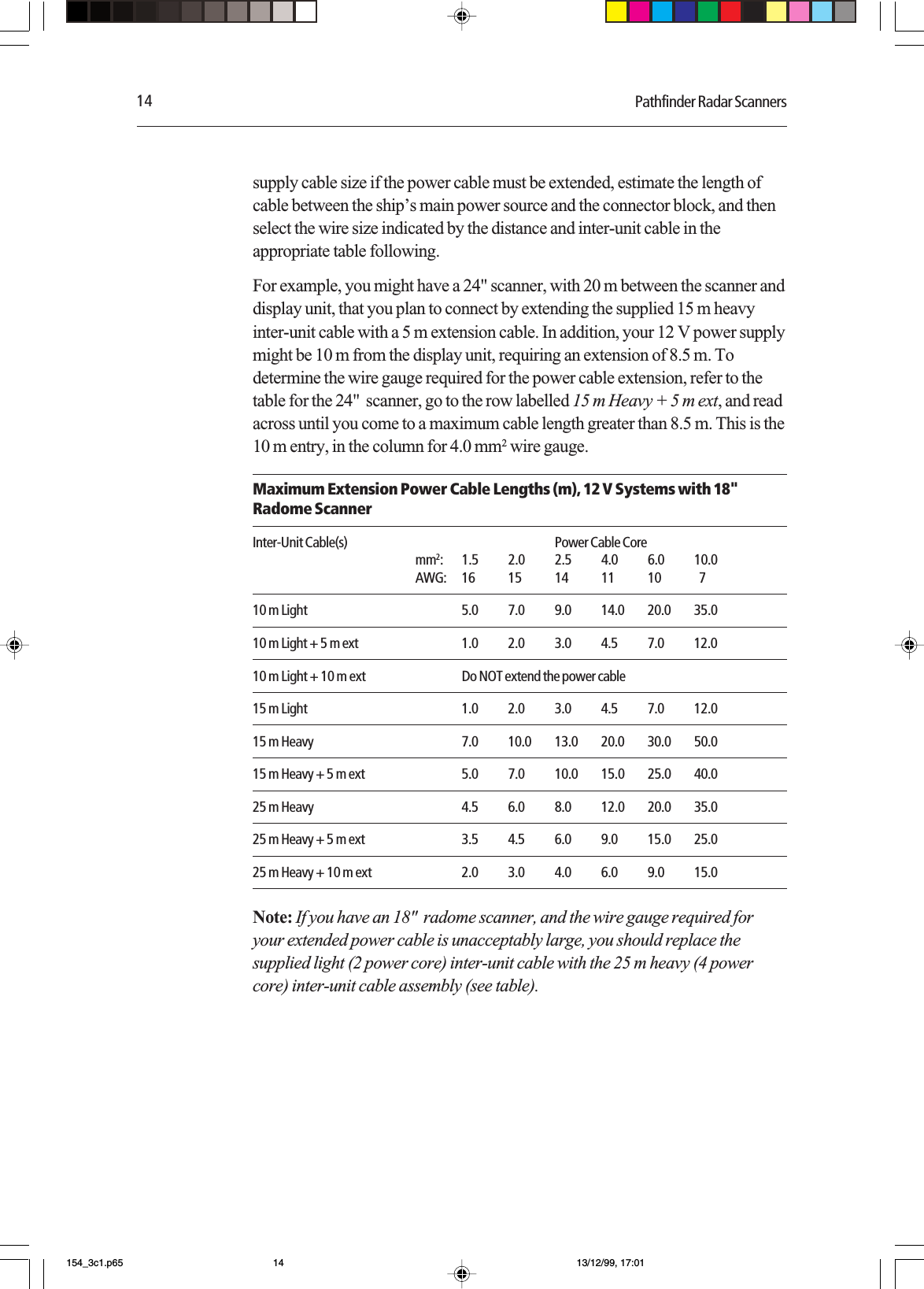 14 Pathfinder Radar Scannerssupply cable size if the power cable must be extended, estimate the length ofcable between the ship’s main power source and the connector block, and thenselect the wire size indicated by the distance and inter-unit cable in theappropriate table following.For example, you might have a 24&quot; scanner, with 20 m between the scanner anddisplay unit, that you plan to connect by extending the supplied 15 m heavyinter-unit cable with a 5 m extension cable. In addition, your 12 V power supplymight be 10 m from the display unit, requiring an extension of 8.5 m. Todetermine the wire gauge required for the power cable extension, refer to thetable for the 24&quot;  scanner, go to the row labelled 15 m Heavy + 5 m ext, and readacross until you come to a maximum cable length greater than 8.5 m. This is the10 m entry, in the column for 4.0 mm2 wire gauge.Maximum Extension Power Cable Lengths (m), 12 V Systems with 18&quot;Radome ScannerInter-Unit Cable(s) Power Cable Coremm2: 1.5 2.0 2.5 4.0 6.0 10.0AWG: 16 15 14 11 10   710 m Light 5.0 7.0 9.0 14.0 20.0 35.010 m Light + 5 m ext 1.0 2.0 3.0 4.5 7.0 12.010 m Light + 10 m ext Do NOT extend the power cable15 m Light 1.0 2.0 3.0 4.5 7.0 12.015 m Heavy 7.0 10.0 13.0 20.0 30.0 50.015 m Heavy + 5 m ext 5.0 7.0 10.0 15.0 25.0 40.025 m Heavy 4.5 6.0 8.0 12.0 20.0 35.025 m Heavy + 5 m ext 3.5 4.5 6.0 9.0 15.0 25.025 m Heavy + 10 m ext 2.0 3.0 4.0 6.0 9.0 15.0Note: If you have an 18&quot;  radome scanner, and the wire gauge required foryour extended power cable is unacceptably large, you should replace thesupplied light (2 power core) inter-unit cable with the 25 m heavy (4 powercore) inter-unit cable assembly (see table).154_3c1.p65 13/12/99, 17:0114