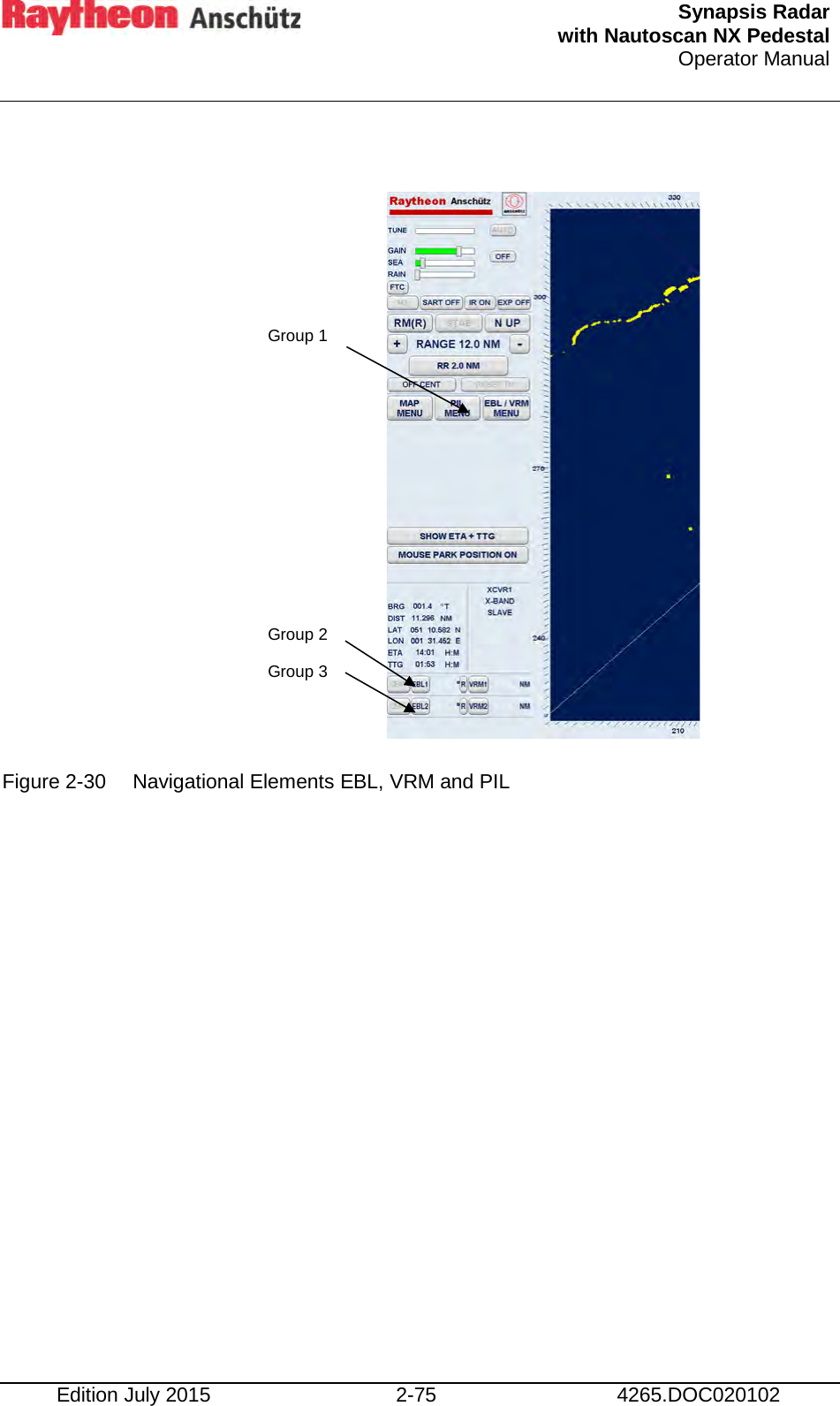  Synapsis Radar  with Nautoscan NX Pedestal Operator Manual    Edition July 2015 2-75 4265.DOC020102               Figure 2-30 Navigational Elements EBL, VRM and PIL     Group 1  Group 2  Group 3  