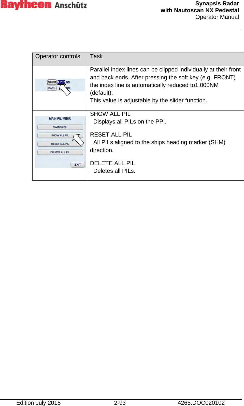  Synapsis Radar  with Nautoscan NX Pedestal Operator Manual    Edition July 2015 2-93 4265.DOC020102  Operator controls Task  Parallel index lines can be clipped individually at their front and back ends. After pressing the soft key (e.g. FRONT) the index line is automatically reduced to1.000NM (default). This value is adjustable by the slider function.  SHOW ALL PIL   Displays all PILs on the PPI. RESET ALL PIL   All PILs aligned to the ships heading marker (SHM)                      direction. DELETE ALL PIL   Deletes all PILs.                    