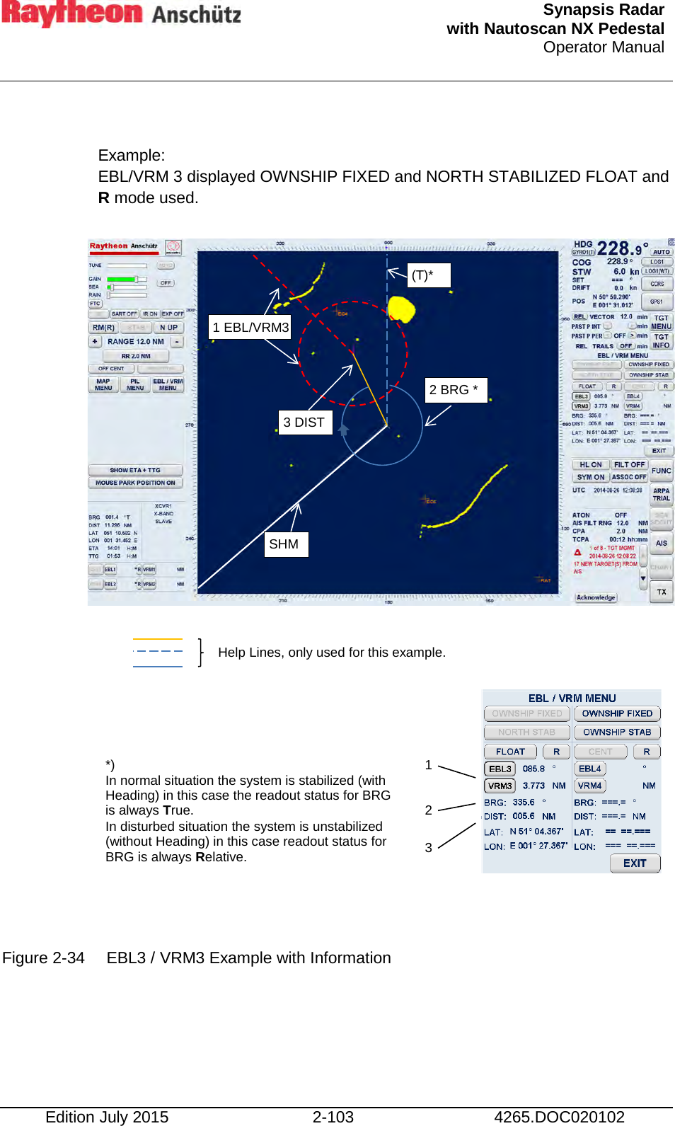  Synapsis Radar  with Nautoscan NX Pedestal Operator Manual    Edition July 2015 2-103 4265.DOC020102  Example: EBL/VRM 3 displayed OWNSHIP FIXED and NORTH STABILIZED FLOAT and R mode used.                      Figure 2-34 EBL3 / VRM3 Example with Information     (T)* 2 BRG * 3 DIST 1 EBL/VRM3 SHM Help Lines, only used for this example.  *)  In normal situation the system is stabilized (with Heading) in this case the readout status for BRG is always True. In disturbed situation the system is unstabilized  (without Heading) in this case readout status for BRG is always Relative. 1 2 3 