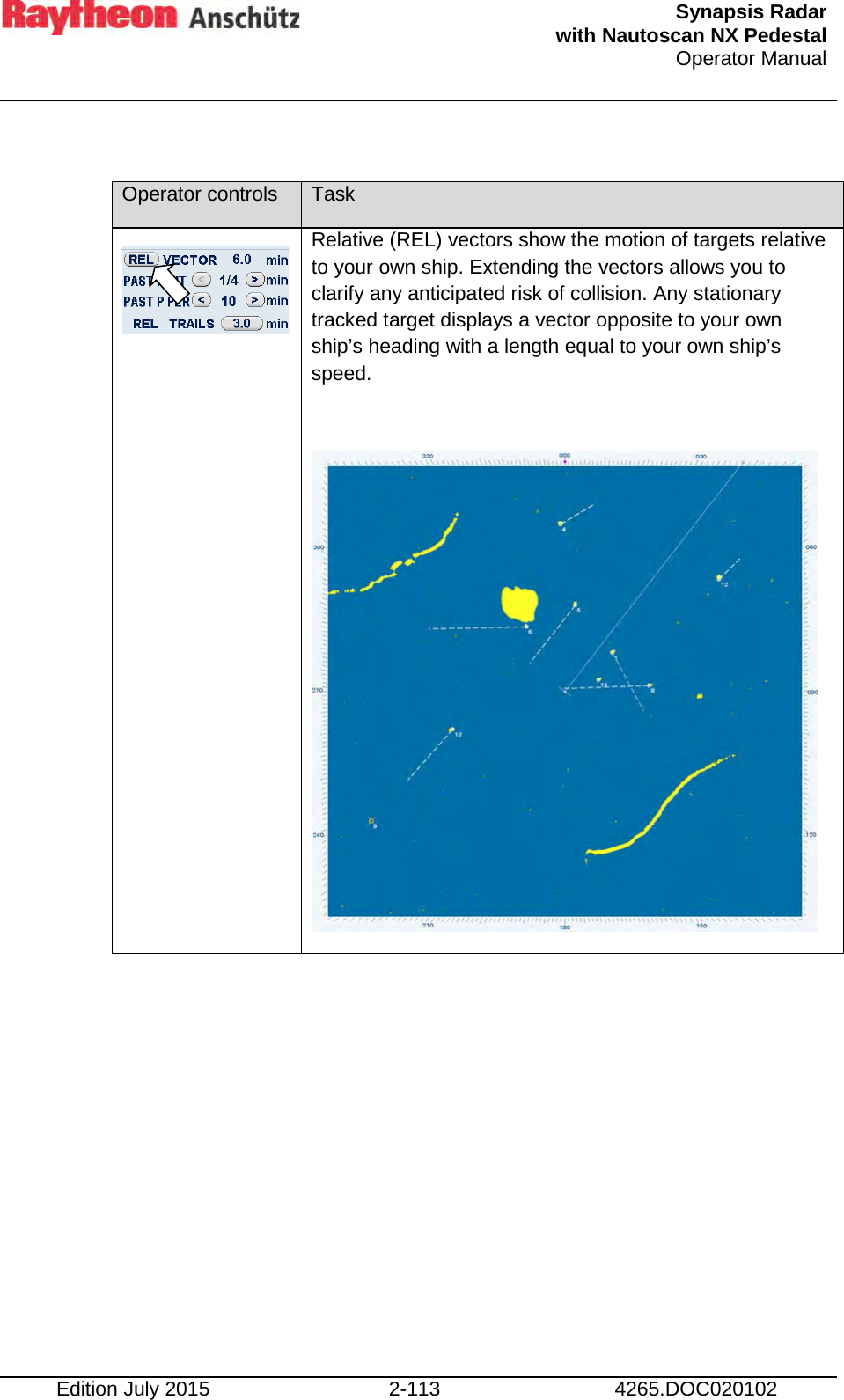  Synapsis Radar  with Nautoscan NX Pedestal Operator Manual    Edition July 2015 2-113 4265.DOC020102  Operator controls Task  Relative (REL) vectors show the motion of targets relative to your own ship. Extending the vectors allows you to clarify any anticipated risk of collision. Any stationary tracked target displays a vector opposite to your own ship’s heading with a length equal to your own ship’s speed.   