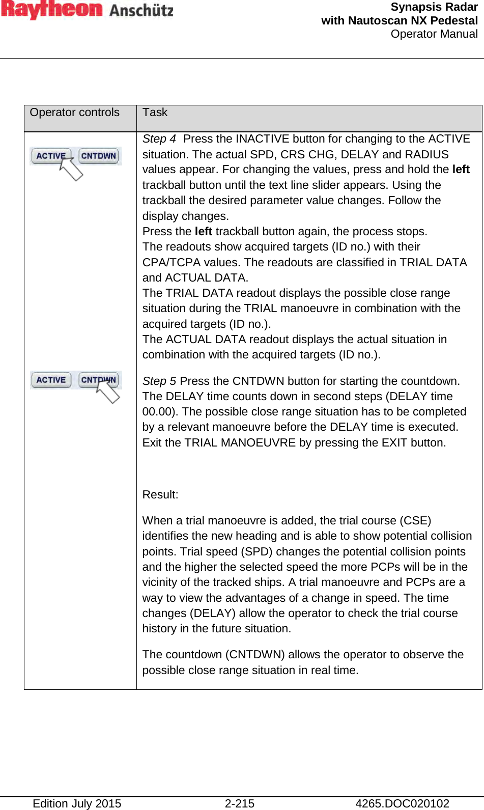  Synapsis Radar  with Nautoscan NX Pedestal Operator Manual    Edition July 2015 2-215 4265.DOC020102  Operator controls Task                Step 4  Press the INACTIVE button for changing to the ACTIVE situation. The actual SPD, CRS CHG, DELAY and RADIUS values appear. For changing the values, press and hold the left trackball button until the text line slider appears. Using the trackball the desired parameter value changes. Follow the display changes. Press the left trackball button again, the process stops. The readouts show acquired targets (ID no.) with their CPA/TCPA values. The readouts are classified in TRIAL DATA and ACTUAL DATA. The TRIAL DATA readout displays the possible close range situation during the TRIAL manoeuvre in combination with the acquired targets (ID no.). The ACTUAL DATA readout displays the actual situation in combination with the acquired targets (ID no.). Step 5 Press the CNTDWN button for starting the countdown. The DELAY time counts down in second steps (DELAY time 00.00). The possible close range situation has to be completed by a relevant manoeuvre before the DELAY time is executed. Exit the TRIAL MANOEUVRE by pressing the EXIT button.  Result: When a trial manoeuvre is added, the trial course (CSE) identifies the new heading and is able to show potential collision points. Trial speed (SPD) changes the potential collision points and the higher the selected speed the more PCPs will be in the vicinity of the tracked ships. A trial manoeuvre and PCPs are a way to view the advantages of a change in speed. The time changes (DELAY) allow the operator to check the trial course history in the future situation. The countdown (CNTDWN) allows the operator to observe the possible close range situation in real time. 