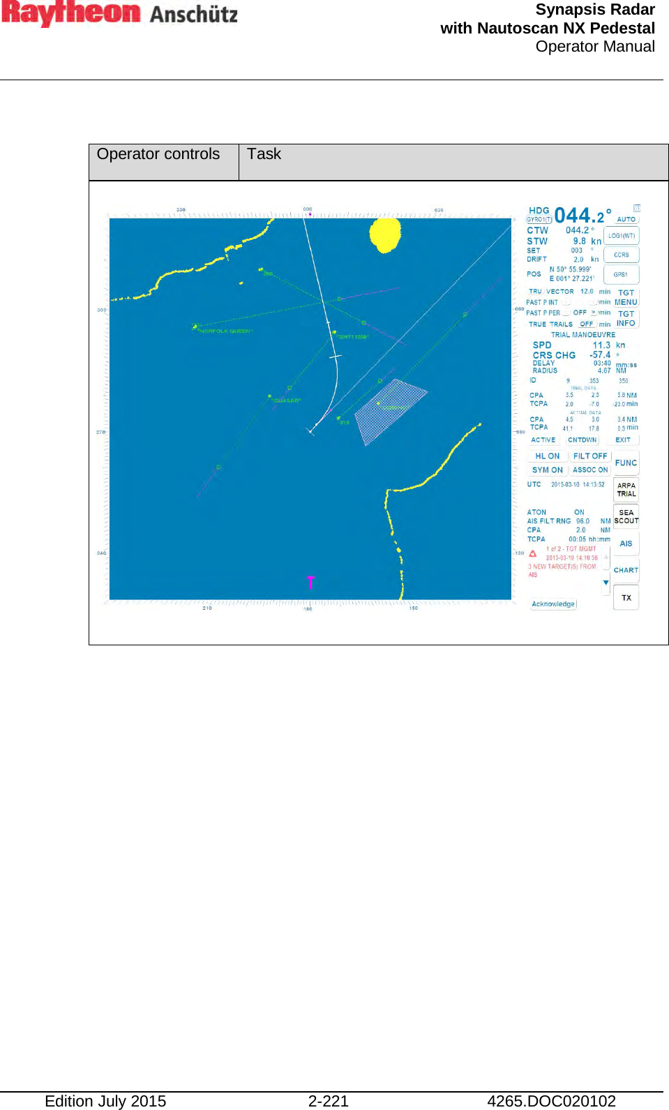  Synapsis Radar  with Nautoscan NX Pedestal Operator Manual    Edition July 2015 2-221 4265.DOC020102  Operator controls Task                  