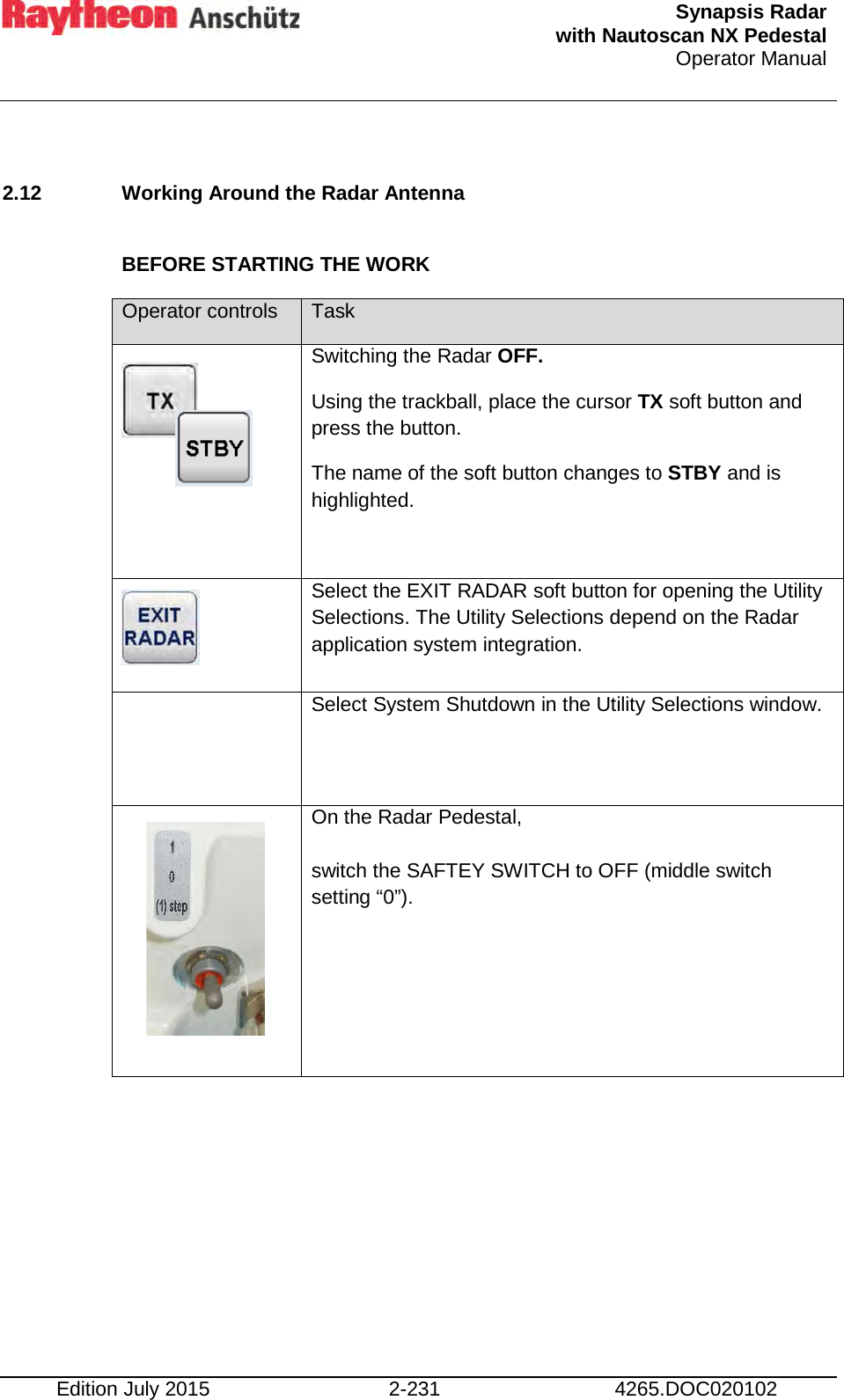  Synapsis Radar  with Nautoscan NX Pedestal Operator Manual    Edition July 2015 2-231 4265.DOC020102  2.12 Working Around the Radar Antenna  BEFORE STARTING THE WORK Operator controls Task     Switching the Radar OFF. Using the trackball, place the cursor TX soft button and press the button. The name of the soft button changes to STBY and is highlighted.   Select the EXIT RADAR soft button for opening the Utility Selections. The Utility Selections depend on the Radar application system integration.  Select System Shutdown in the Utility Selections window.       On the Radar Pedestal,  switch the SAFTEY SWITCH to OFF (middle switch setting “0”). 