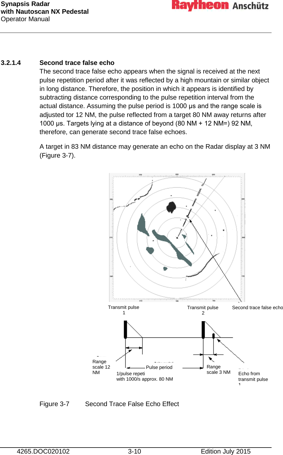 Synapsis Radar  with Nautoscan NX Pedestal Operator Manual     4265.DOC020102 3-10 Edition July 2015  3.2.1.4  Second trace false echo The second trace false echo appears when the signal is received at the next pulse repetition period after it was reflected by a high mountain or similar object in long distance. Therefore, the position in which it appears is identified by subtracting distance corresponding to the pulse repetition interval from the actual distance. Assuming the pulse period is 1000 μs and the range scale is adjusted tor 12 NM, the pulse reflected from a target 80 NM away returns after 1000 μs. Targets lying at a distance of beyond (80 NM + 12 NM=) 92 NM, therefore, can generate second trace false echoes. A target in 83 NM distance may generate an echo on the Radar display at 3 NM (Figure 3-7).                 Figure 3-7  Second Trace False Echo Effect    Second trace false echo  Transmit pulse            2  Transmit pulse            1  Echo from transmit pulse 1  Range  scale 3 NM 1/pulse repetition frequency with 1000/s approx. 80 NM  Range scale 12 NM Pulse period 