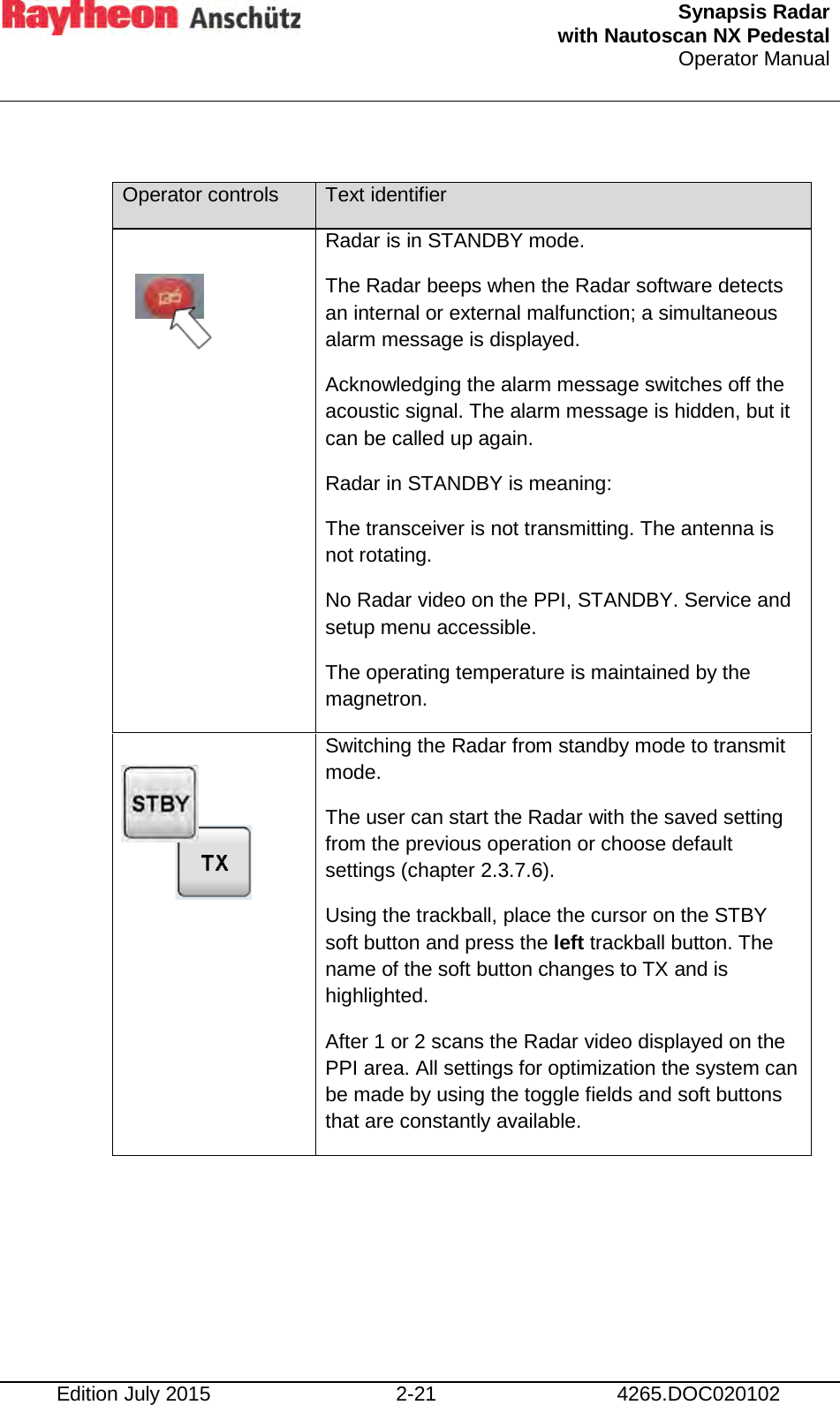  Synapsis Radar  with Nautoscan NX Pedestal Operator Manual     Edition July 2015 2-21 4265.DOC020102  Operator controls Text identifier    Radar is in STANDBY mode. The Radar beeps when the Radar software detects an internal or external malfunction; a simultaneous alarm message is displayed. Acknowledging the alarm message switches off the acoustic signal. The alarm message is hidden, but it can be called up again. Radar in STANDBY is meaning: The transceiver is not transmitting. The antenna is not rotating. No Radar video on the PPI, STANDBY. Service and setup menu accessible. The operating temperature is maintained by the magnetron.  Switching the Radar from standby mode to transmit mode. The user can start the Radar with the saved setting from the previous operation or choose default settings (chapter 2.3.7.6). Using the trackball, place the cursor on the STBY soft button and press the left trackball button. The name of the soft button changes to TX and is highlighted. After 1 or 2 scans the Radar video displayed on the PPI area. All settings for optimization the system can be made by using the toggle fields and soft buttons that are constantly available. 