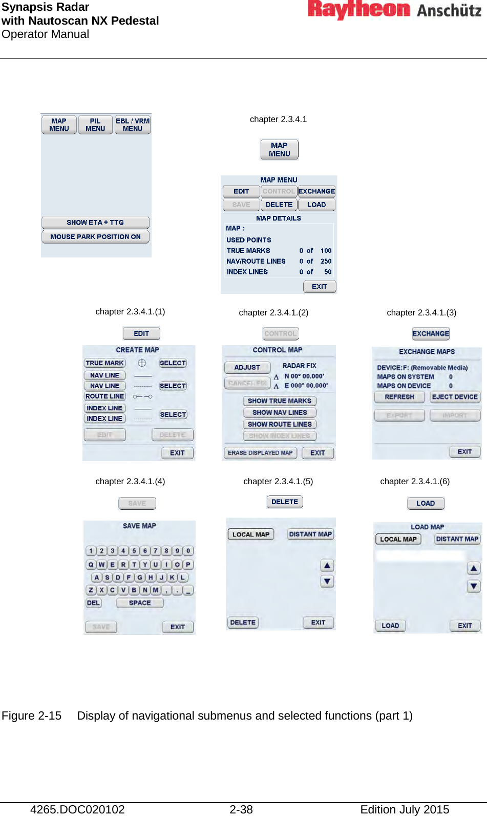 Synapsis Radar  with Nautoscan NX Pedestal Operator Manual     4265.DOC020102 2-38 Edition July 2015                         Figure 2-15 Display of navigational submenus and selected functions (part 1)    chapter 2.3.4.1 chapter 2.3.4.1.(1) chapter 2.3.4.1.(2)  chapter 2.3.4.1.(3) chapter 2.3.4.1.(4) chapter 2.3.4.1.(5) chapter 2.3.4.1.(6) 