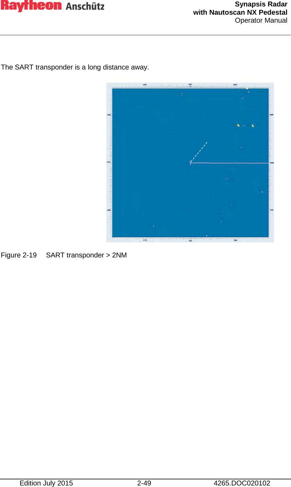  Synapsis Radar  with Nautoscan NX Pedestal Operator Manual    Edition July 2015 2-49 4265.DOC020102  The SART transponder is a long distance away.            Figure 2-19 SART transponder &gt; 2NM     