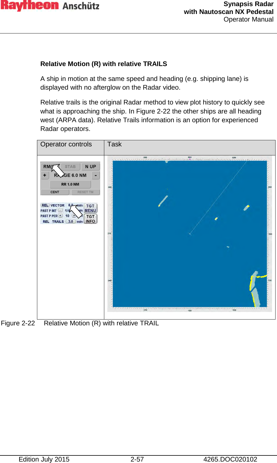  Synapsis Radar  with Nautoscan NX Pedestal Operator Manual    Edition July 2015 2-57 4265.DOC020102  Relative Motion (R) with relative TRAILS A ship in motion at the same speed and heading (e.g. shipping lane) is displayed with no afterglow on the Radar video. Relative trails is the original Radar method to view plot history to quickly see what is approaching the ship. In Figure 2-22 the other ships are all heading west (ARPA data). Relative Trails information is an option for experienced Radar operators. Operator controls Task     Figure 2-22 Relative Motion (R) with relative TRAIL     