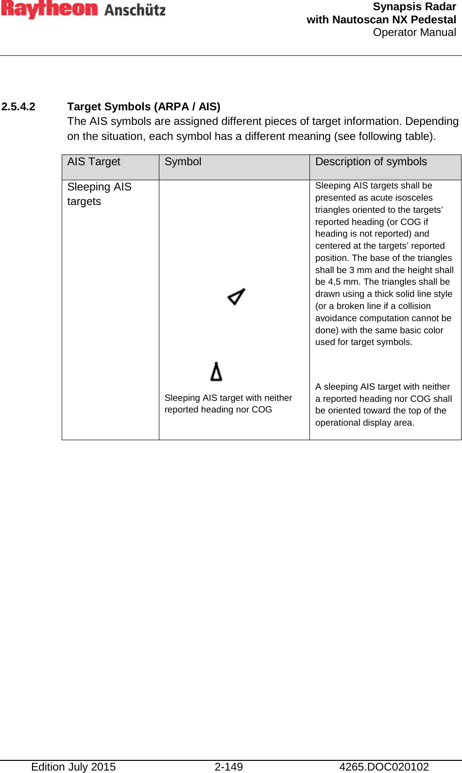  Synapsis Radar  with Nautoscan NX Pedestal Operator Manual    Edition July 2015 2-149 4265.DOC020102  2.5.4.2 Target Symbols (ARPA / AIS) The AIS symbols are assigned different pieces of target information. Depending on the situation, each symbol has a different meaning (see following table). AIS Target Symbol Description of symbols Sleeping AIS targets       Sleeping AIS target with neither reported heading nor COG Sleeping AIS targets shall be presented as acute isosceles triangles oriented to the targets’ reported heading (or COG if heading is not reported) and centered at the targets’ reported position. The base of the triangles shall be 3 mm and the height shall be 4,5 mm. The triangles shall be drawn using a thick solid line style (or a broken line if a collision avoidance computation cannot be done) with the same basic color used for target symbols.  A sleeping AIS target with neither a reported heading nor COG shall be oriented toward the top of the operational display area. 